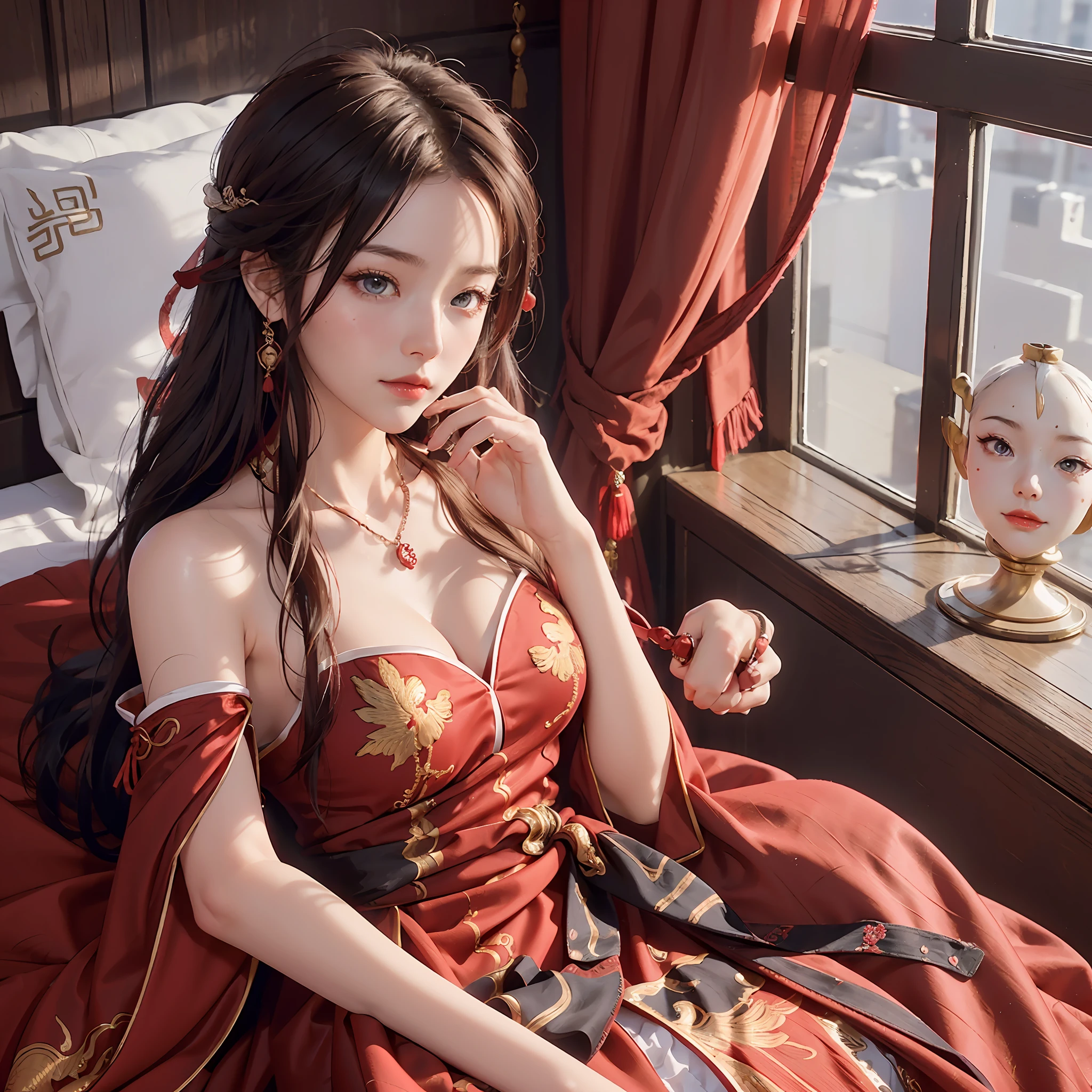 (A Chinese bride), (wearing a gorgeous Chinese red wedding dress), (conservative wedding dress: 1.4), ((half lying in bed)), (chinoiseriety elements: 1.4), (shy, tender, beautiful face, fair skin, bright eyes, elegant eyebrows, happiness and expectation, rosy lips, soft face), (red clothing: 1.4), (wearing delicate jewelry, rings, necklaces)), clothes embroidered with phoenix motifs, (embroidery), (conservative red robe), pure, romantic, (Full body shot: 1.5), (body curve), Pleated decoration, (cinematic quality), (Best quality: 1.2), (Realism: 1.4), (Indoor), Photo quality, ((octane rendering)), Close-up, Photographic lighting, (Red theme: 1.4),