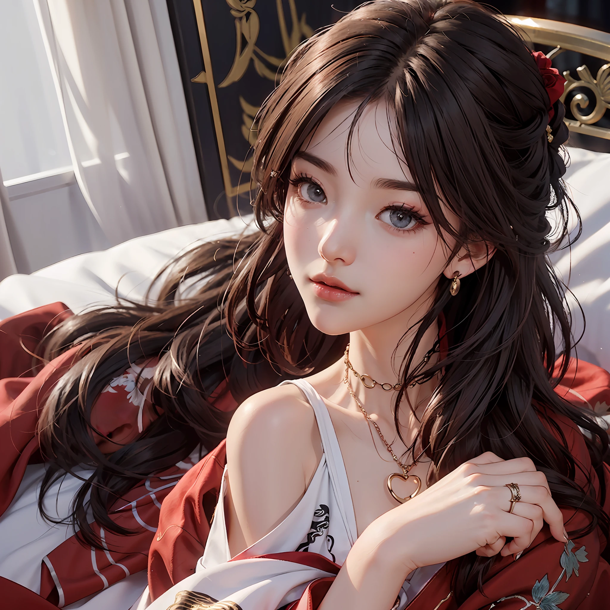 (A Chinese bride), (wearing a gorgeous Chinese red wedding dress), (conservative wedding dress: 1.4), ((half lying in bed)), (chinoiseriety elements: 1.4), (shy, tender, beautiful face, fair skin, bright eyes, elegant eyebrows, happiness and expectation, rosy lips, soft face), (red clothing: 1.4), (wearing delicate jewelry, rings, necklaces)), clothes embroidered with phoenix motifs, (embroidery), (conservative red robe), pure, romantic, (Full body shot: 1.5), (body curve), Pleated decoration, (cinematic quality), (Best quality: 1.2), (Realism: 1.4), (Indoor), Photo quality, ((octane rendering)), Close-up, Photographic lighting, (Red theme: 1.4),