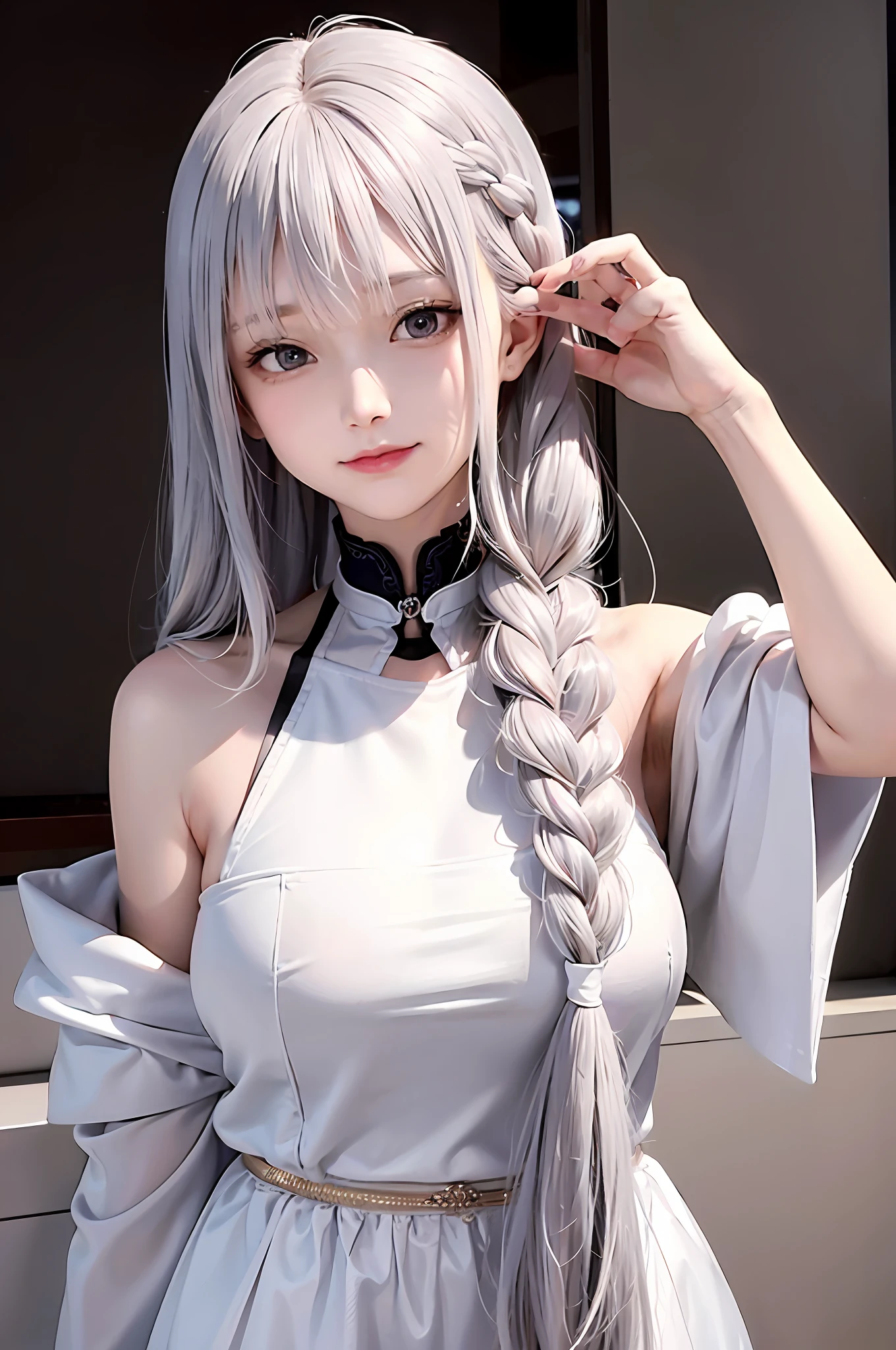 top-quality、masterpiece、8K、Japan Women、(Akame)、(white clothes)、Pink gradient on gray hair、off shoulders、look up to、cowboy shot、Hair strands、light skinned、smil、Side braid、Detailed hair strands、A detailed eye、A detailed face、Detailed mouth、Detailed hand、Detailed finger、(Accurate human skeleton)、Slim body、Backlight at sunset、portlate