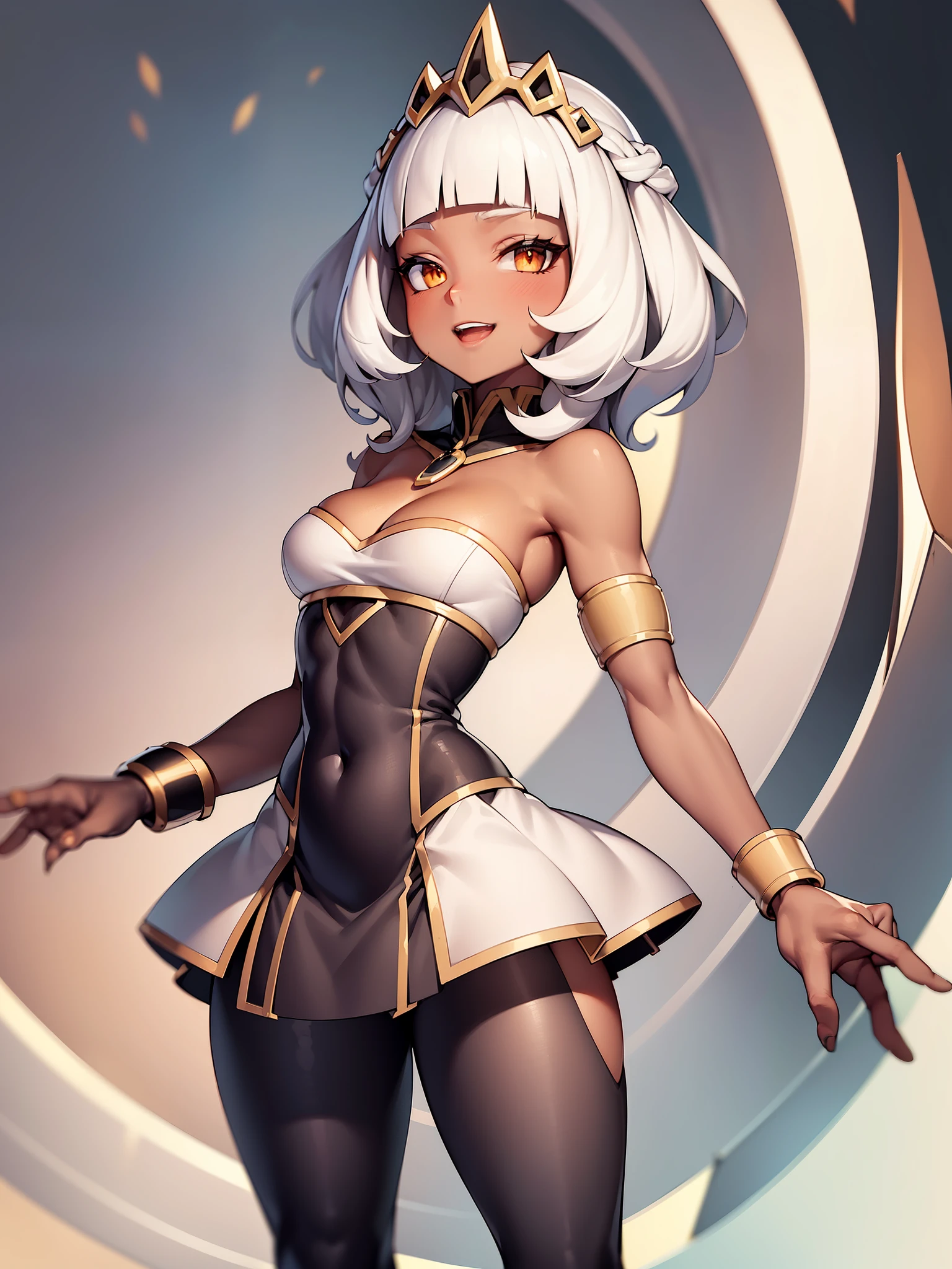 portrait a qiyana (standing in park:1.2), (white tube top:1.1), (black skirt:1.1), small breast, orange eyes, white hair, dark skin, smile, open mouth, ((detailed hands)), (masterpiece:1.2), (best quality:1.2)