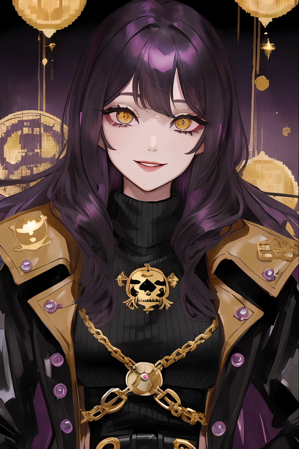 1woman, purple long wavy hair, swept bangs, ((golden eyes)), fake smile, unnerving smile, black turtleneck, open pirate trench coat, dark sky, pretty eyes, lifeless eyes, big doll-like eyes