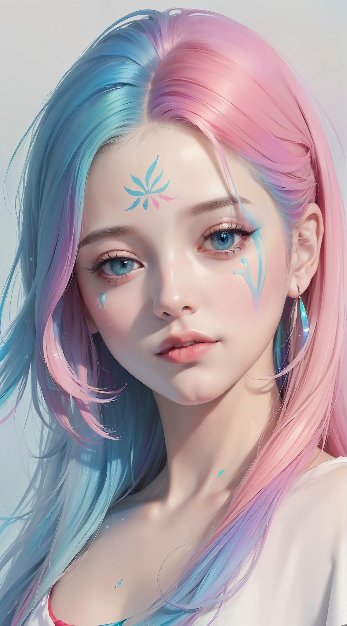 (Pink Fashion T-shirt:1.9),(Colorful hair: 1.8), (all the colours of the rainbow: 1.8),(((((vertical painting:1.6))), (painting:1.6),front, comics, illustrations, paintings, large eyes, crystal clear eyes,( rainbow color gradient high ponytail:1.7), exquisite makeup, closed mouth,(Small Fresh: 1.5),(Wipe Chest: 1.6) ,long eyelashes, white off shoulder T-shirt, White Shoulder Shirt,looking at the audience, large watery eyes, (rainbow colored hair:1.6), color splash, (solo:1.8), color splash, color explosion, thick paint style, messy lines, ((shining)),(colorful), (colorful), (colorful), colorful, Thick Paint Style, (Splash) (Color Splash), Vertical Painting, Upper Body, Paint Splash, Acrylic Pigment, Gradient, Paint, Highest Image Quality, Highest Quality, Masterpiece, Solo, Depth of Field, Face Paint, colorful clothes, (Elegant: 1.2), gorgeous,long hair, wind, (Elegant: 1.3), (Petals: 1.4),(((masterpiece))),(((best quality))),((ultra-detailed)),(illustration),(dynamic angle),((floating)),(paint),((disheveled hair)),(solo),(1girl) , (((detailed anima face))),((beautiful detailed face)),collar,bare shoulders,white hair, ((colorful hair)),((streaked hair)),beautiful detailed eyes,(Gradient color eyes),(((colorful eyes))),(((colorful background))),(((high saturation))),(((surrounded by colorful splashes))),