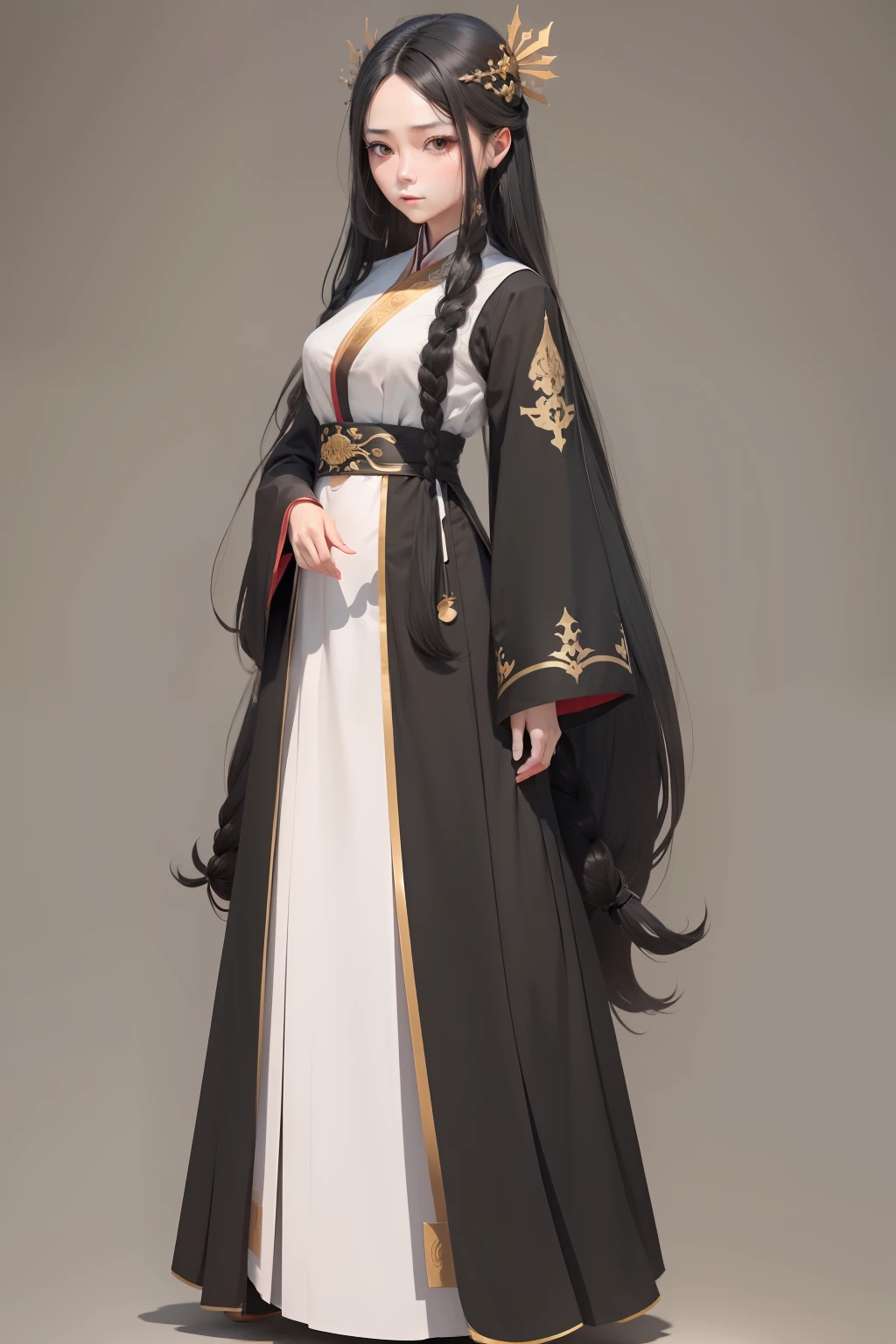 character design,A woman,Long black hair,Hairpins hold the hair in place behind the head,Bright eyes,The face shape is soft,A combination of Hanfu and modern clothing,Silk material,There is tulle,Light-colored clothes,She wears beads and bracelets,Gentle temperament,Stand up,Full body to foot diagram