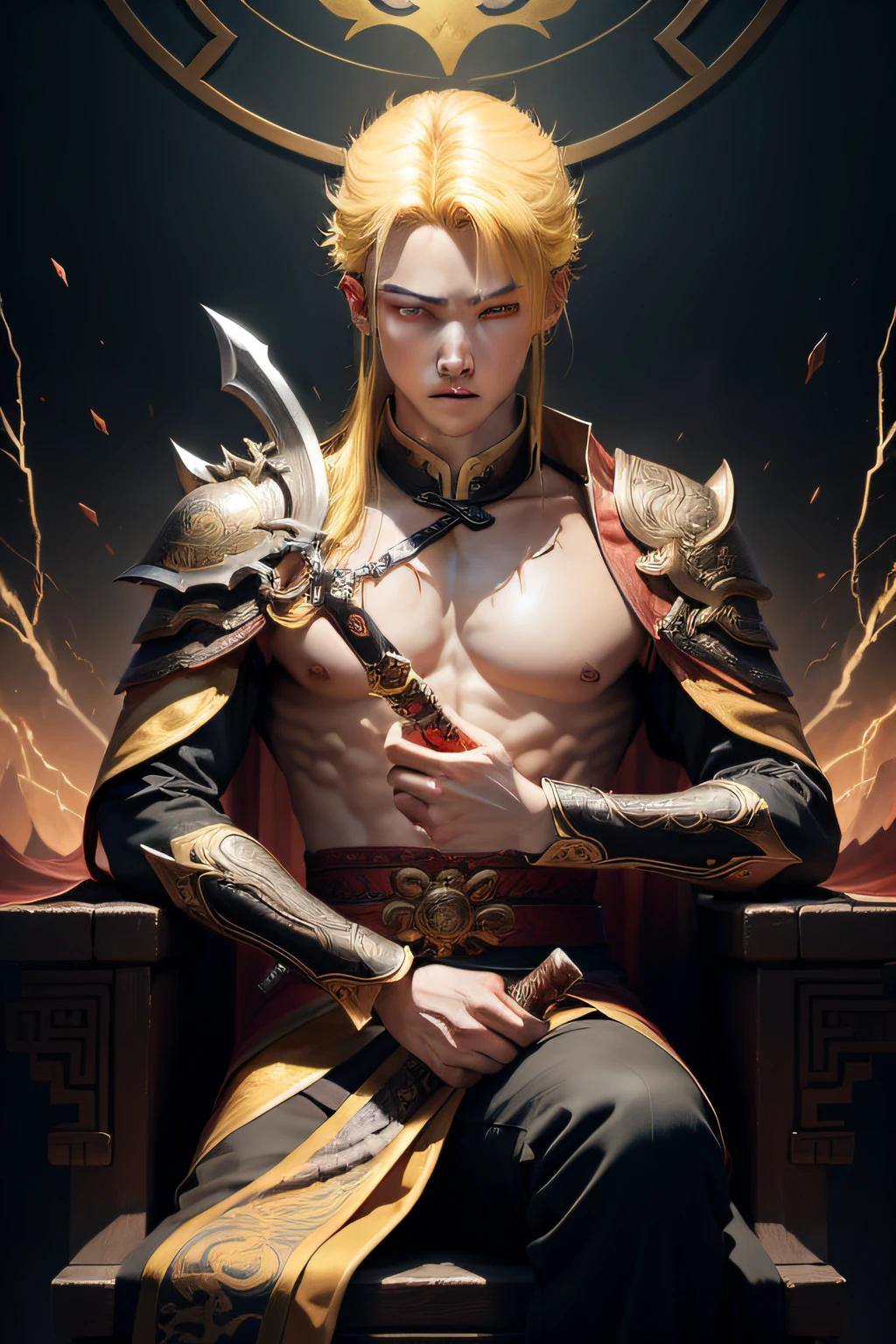 A young man，The main character on the cover of the novel，Domineering，Demon Emperor，Journey，Yellow hair，largeeyes，Thunder and lightning entangled in hands，holding a weapon，seated on a throne，China-style，Wu Yanzu's face