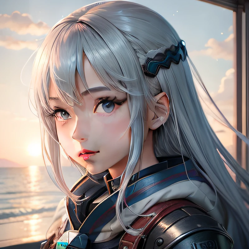 1girl,adolable,美丽细致的眼睛,shinny hair,visible through the hair,Hair between the eyes,The sun reflects light,Silver metal,red flags,luster,diffused reflections,metalictexture,The vista is the blue earth,in mecha style,star ocean,high key,Homem-Imponente