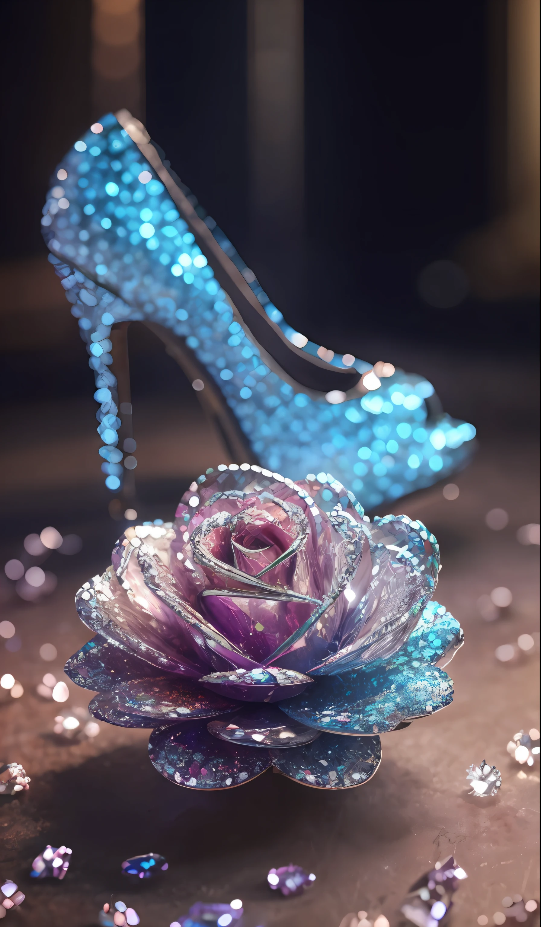 Crystal shoes and crystal roses， fanciful, galaxias, cleanness, glittery, glittery, Splendor, Colorful, Amazing photography, dramatic  lighting, photo-realism, ultra - detailed, 4K, depth of fields, A high resolution