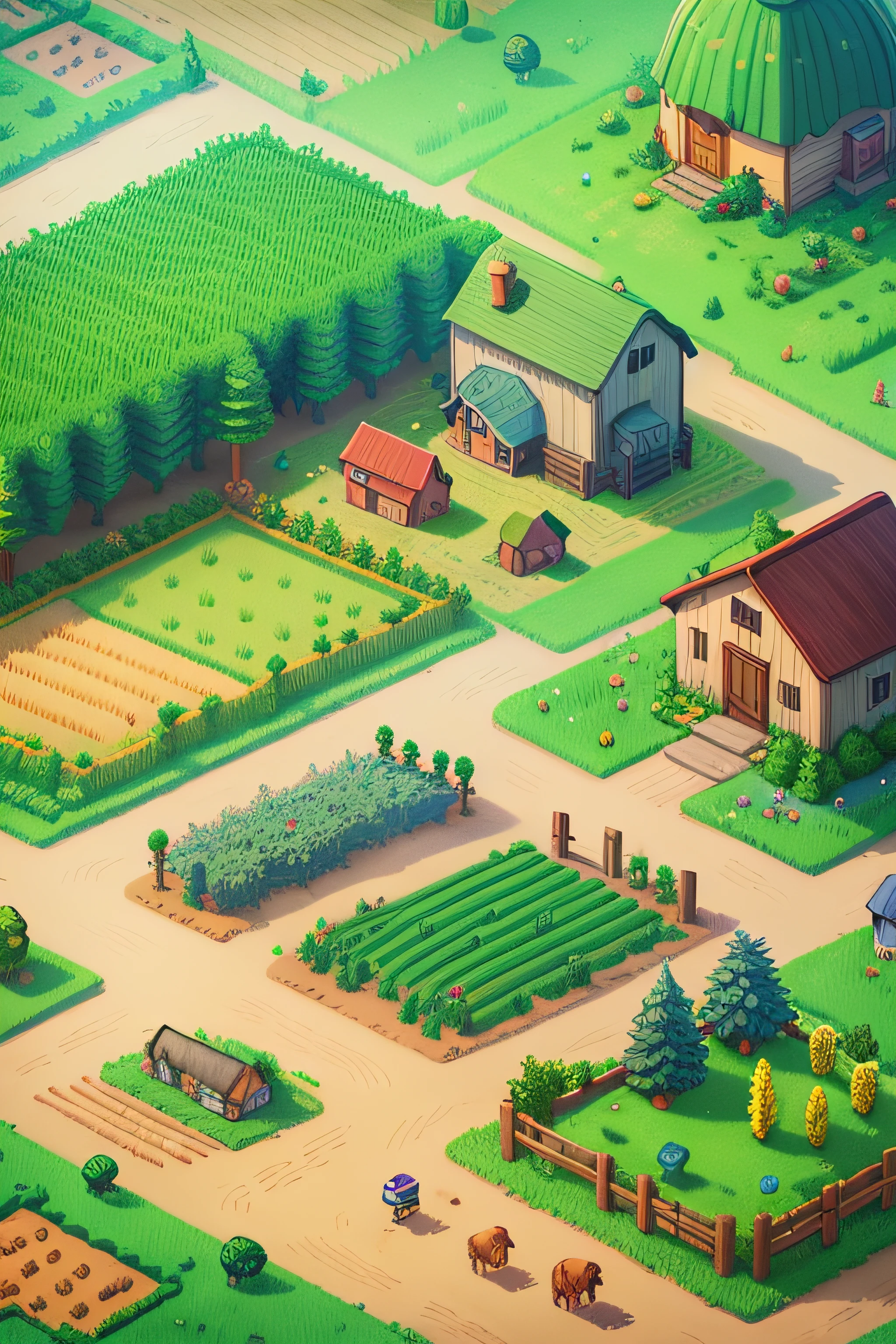 Stardew Valley style,pixilated, farms,cartoony, A large grid-shaped farmland,farms, steins, grassy,Verdure, wheat, the trees, critters, isometric 2 d game art, tmasterpiece, super detailing,genitals,Best quality at best