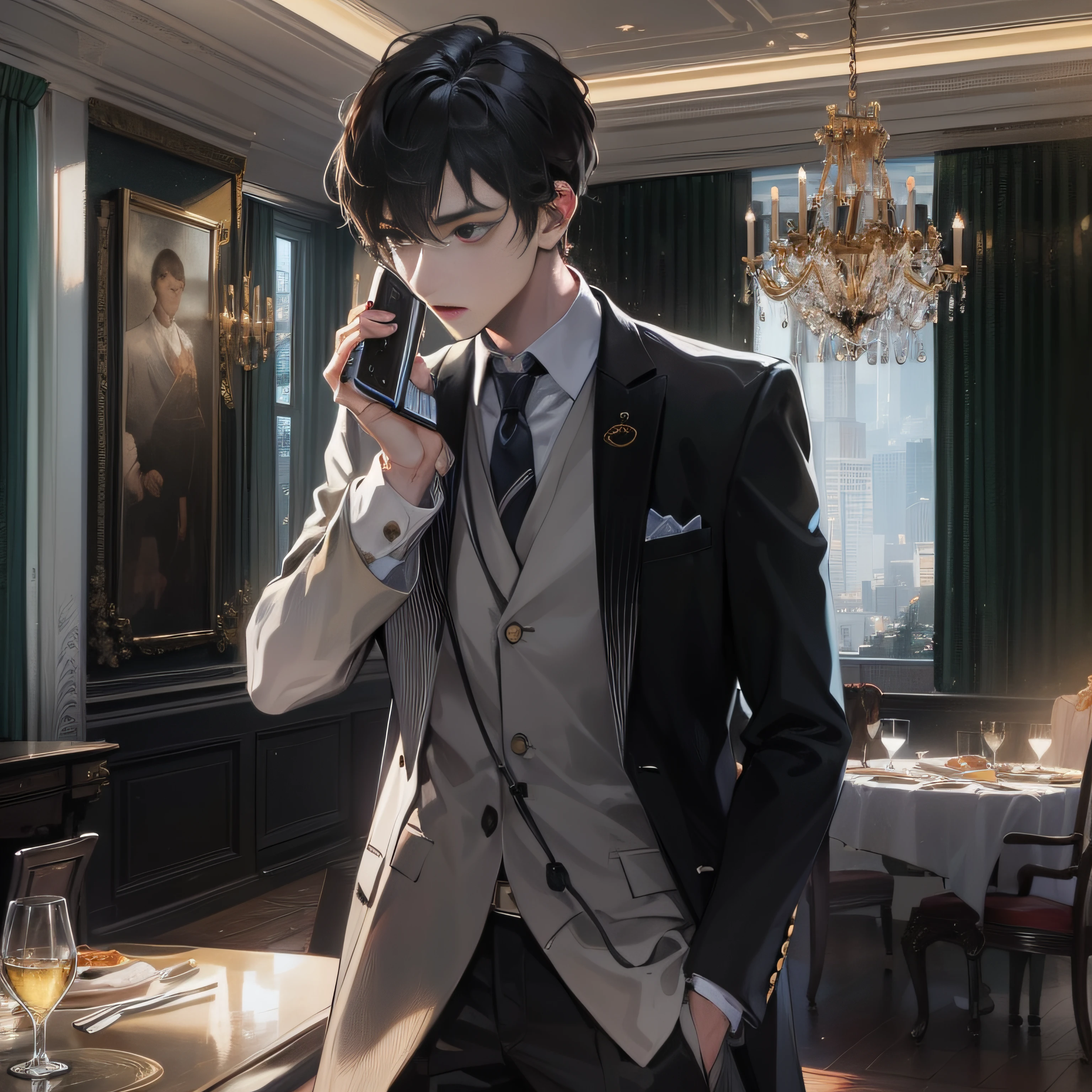 A 20-year-old boy in a suit with short black hair,Answering a call,Inside the luxurious private dining room,grand master,tmasterpiece,8k wallpaper,CG,Ultra-high image quality,light and shadow effect