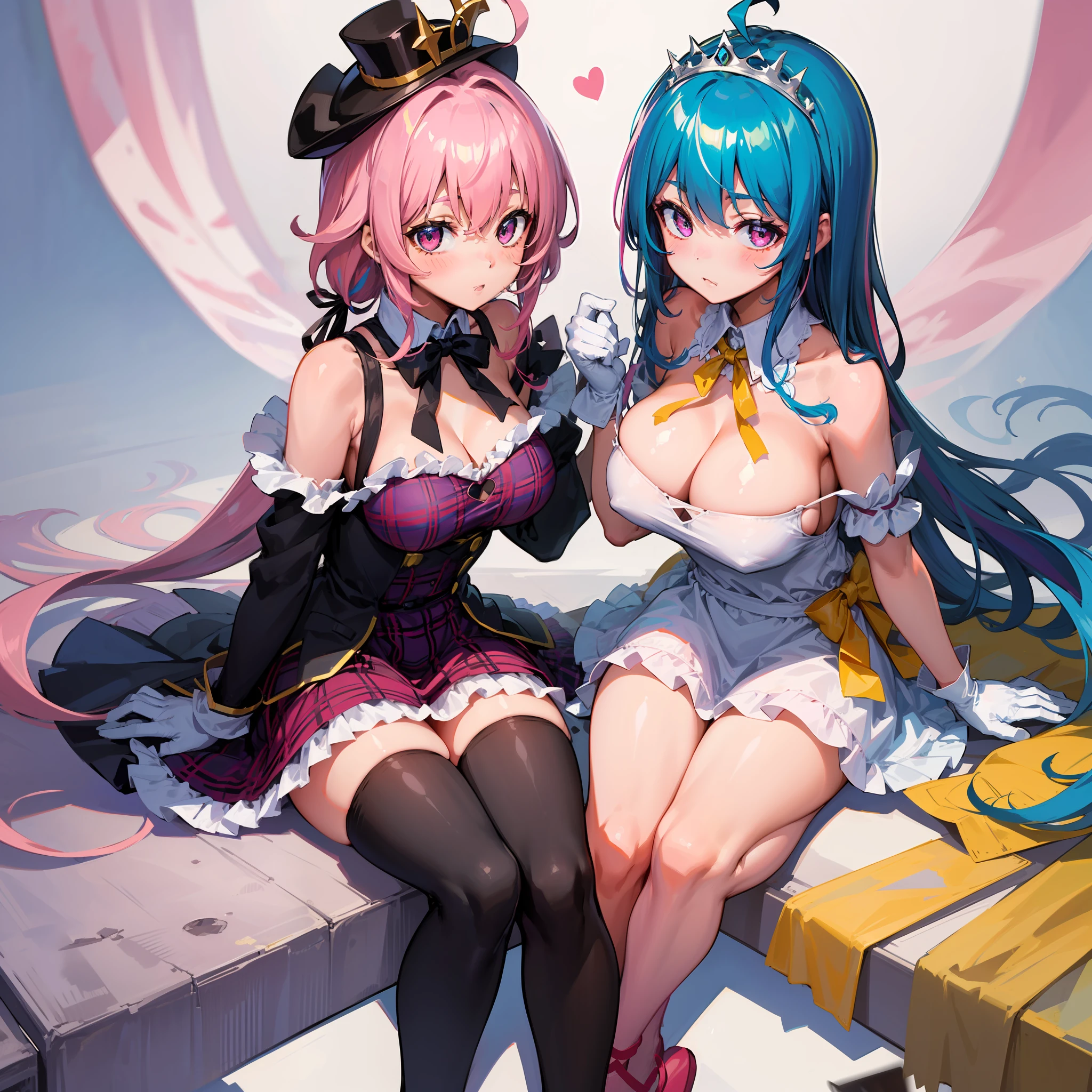 Yumemiriyam,, 1girll, Breasts, mitts, Solo, Pink hair, clothing cutout, star hair ornament, multicolored hair, ahoge, cleavage, ribbon, Large breasts, view the viewer, heart cutout, Blush, two tone color hair, Hat, Braid, Plaid dress, tartan, hair adornments, dress, cleavage cutout, bangs, upper legs, Star (symbol), White background, Blue hair, hair intakes, bow, Black tiara, Simple background, Sitting, Pink eyes, Purple dress, yellow ribbon, aprons, frilld, Hair ribbon, Short hair, striped thighhighs, Detached collar, purple thighhighs, Neck ribbon, Pink ribbon, Closed mouth, Heart, Purple ribbon, White gloves, beret, Say goodbye to hair accessories, Hairstyles, streaked, Purple bow, Shiny, Bare shoulders, frill dress, kneesup, Hand up, multicolored clothing, Shiny hair