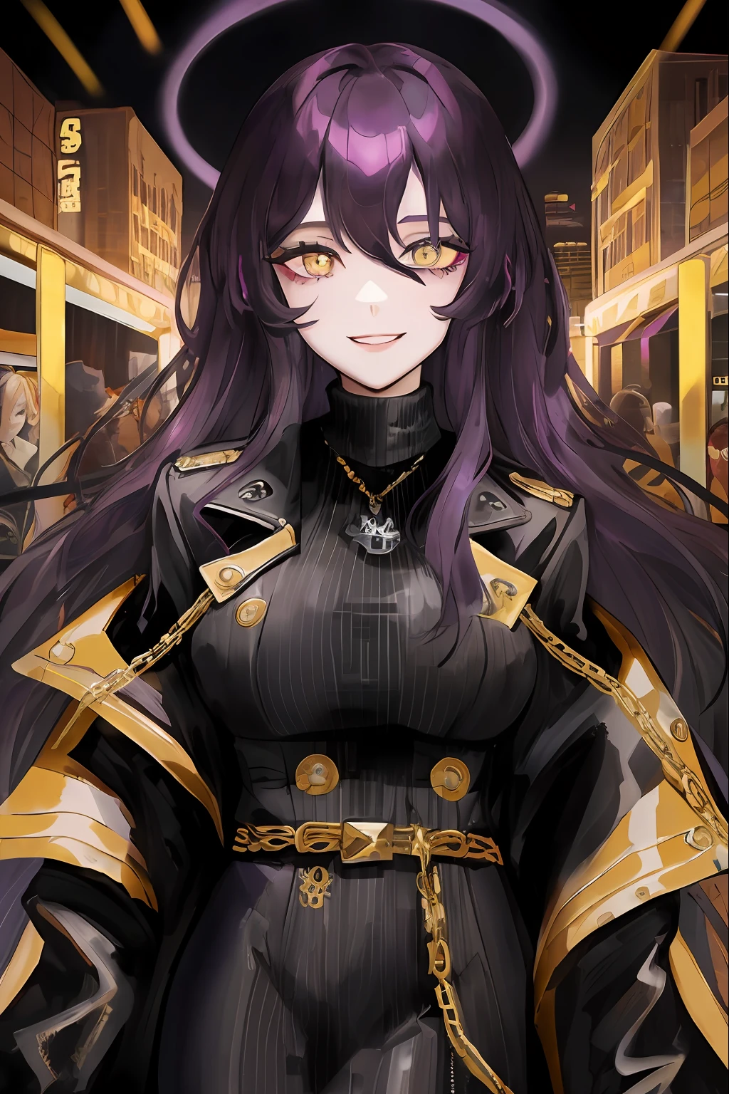 1woman, purple long wavy hair, swept bangs, ((golden eyes)), fake smile, unnerving smile, black turtleneck, open pirate trench coat, dark sky, pretty eyes, lifeless eyes, big doll-like eyes
