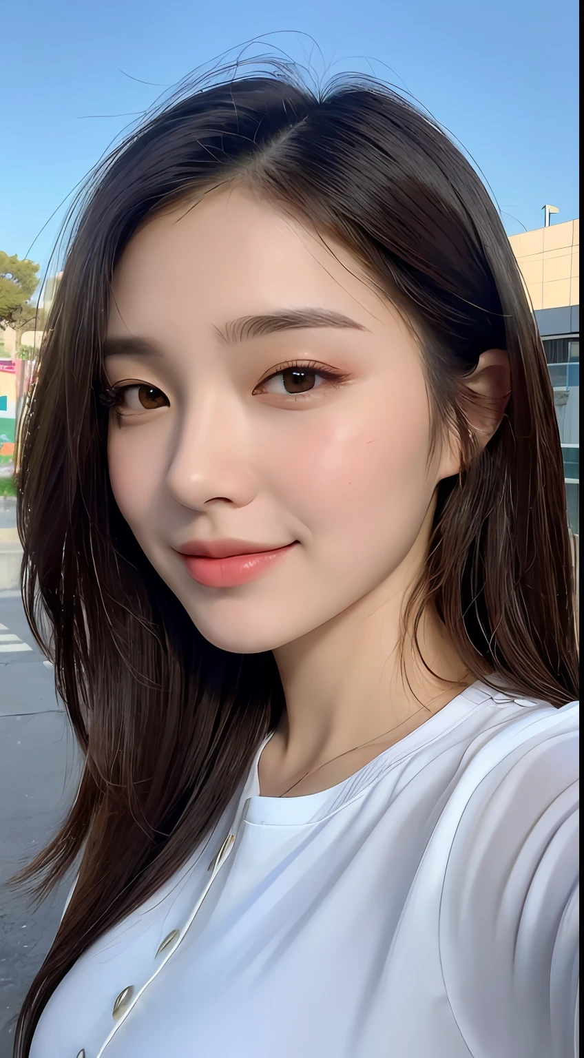 ((Best Quality, 8K, Masterpiece: 1.3)), Sharp Focus: 1.2, A Beautiful Woman with Perfect Figure: 1.4, Slim Abs: 1.2, (Layered Hairstyle,: 1.2)), (Wet White Button Long Shirt: 1.3), Rain: 1.3, Street: 1.2, Wet Body: 1.1, Highly Detailed Face and Skin Texture, Detailed Eyes, Double Eyelids, Big Breasts, Smile,