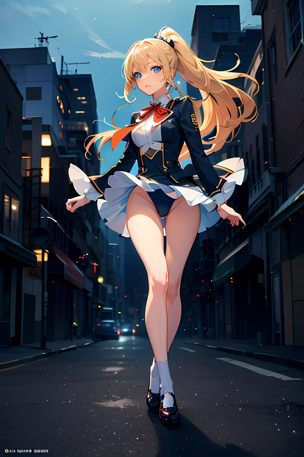 masterpiece, best quality, highres, 1girl, solo, high school uniform, bare legs, looking at viewer, light particles, city backdrop, perfect hands, perfect eyes, perfect legs, perfect arms, perfect fingers, blonde hair, blue eyes, medium breasts, long hair, twirling, ponytail, matching socks, full body, blue leotard, upskirt, wind swirls, glow, light particles