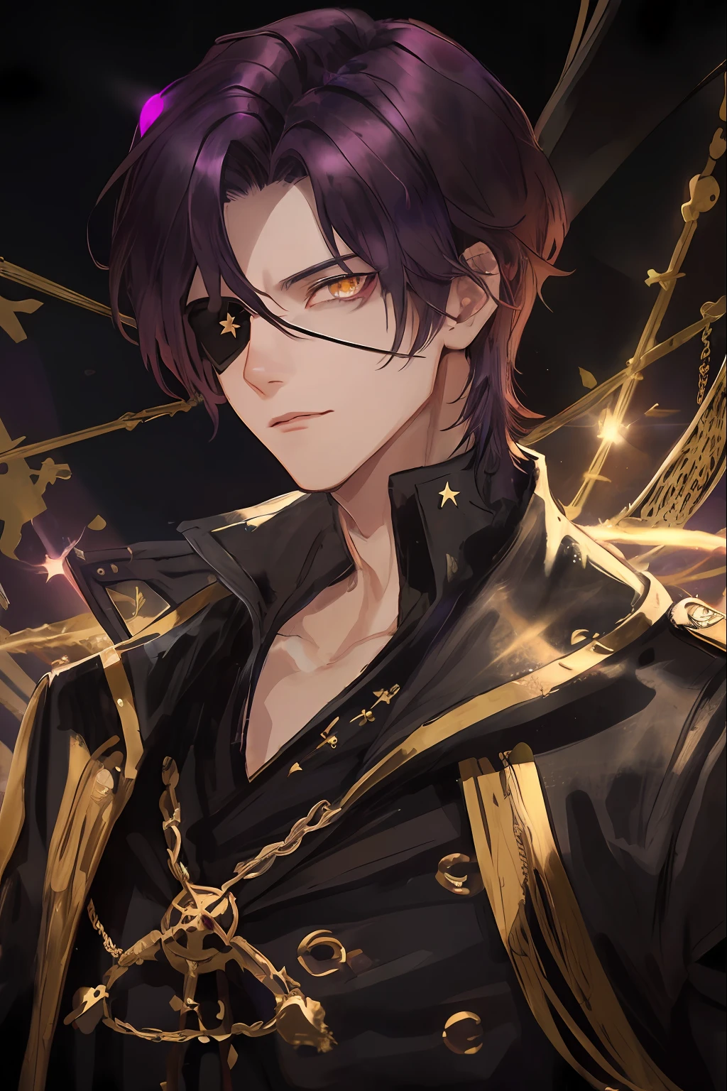 1man, dark purple undercut hair, ((golden eyes)), bored expression, pirate clothes, dark sky, pretty eyes, glowing pupils, looking down at viewer, dark sky background, lens flare abuse, mage clothes, elemental magic circling him, bored, spirit behind, closeup, semi-realistic masterpiece, hair over eye, eye patch on his right eye