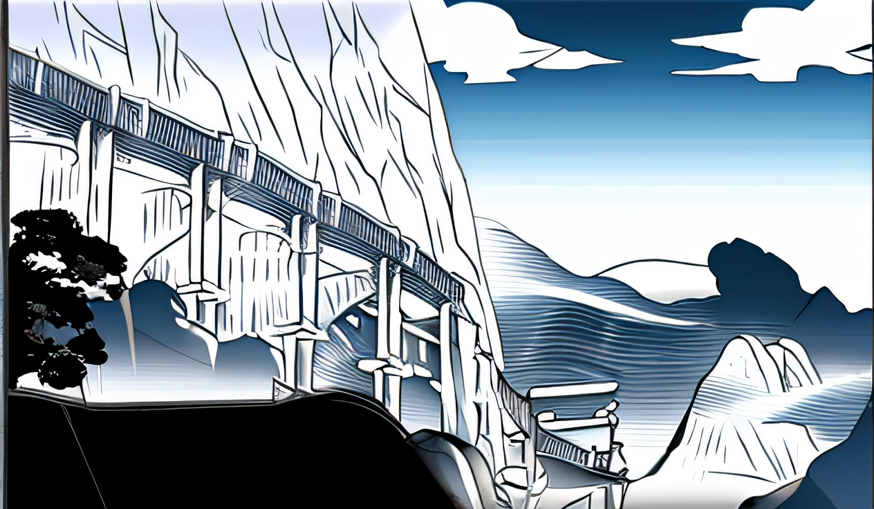 There is a picture of the bridge over the hill, Anime background art,Black and white lines were extracted