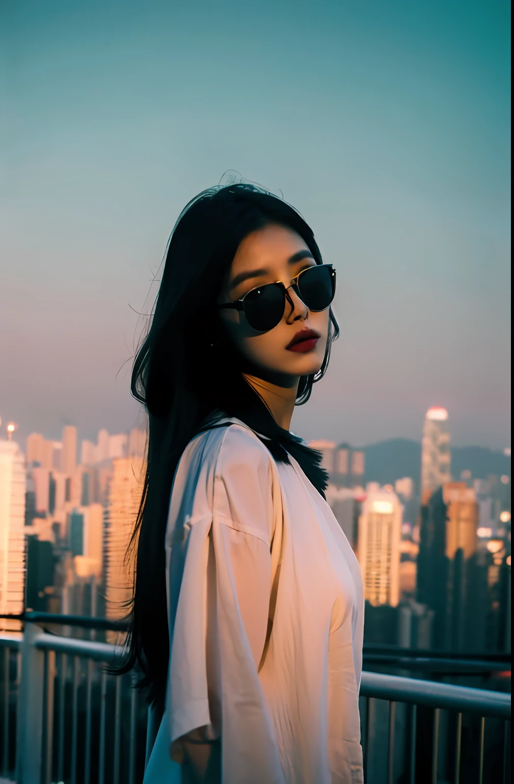 Best quality,Masterpiece,超高分辨率,(Realisticity:1.4),Original photo,Cinematic lighting,1girll,hongkongstyle,hong kong, longhair,sunglasses,