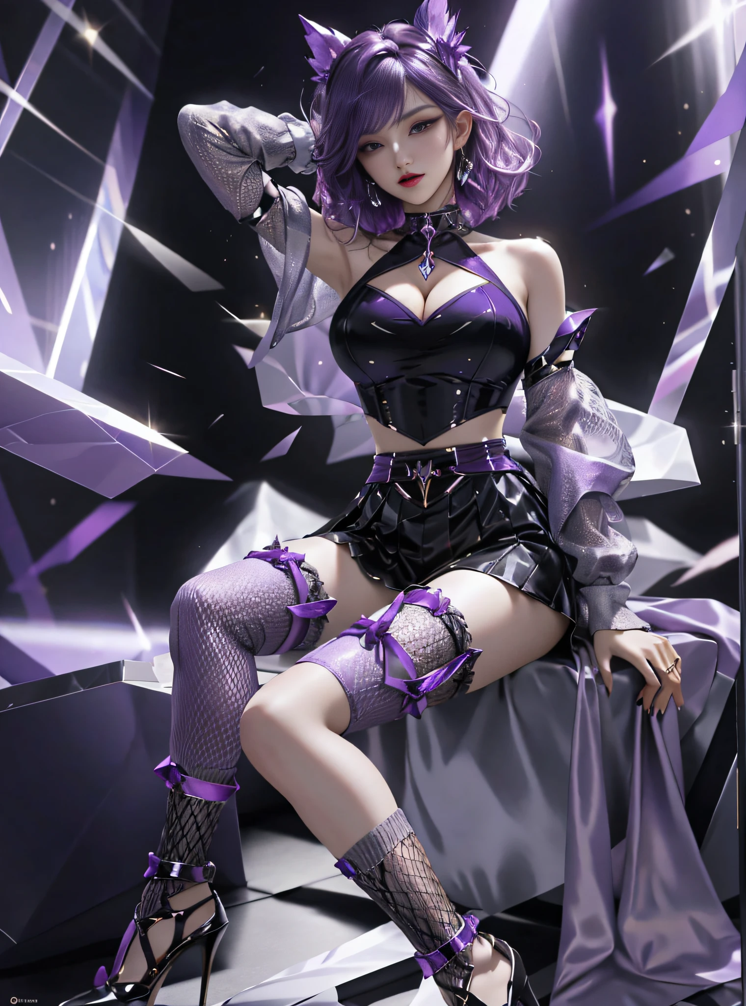 purpleish color,Hollow-out on,big breasts exposed cleavage,Bare chest,Exposed flesh,Legs,high-heels,Mesh socks,legs separated,open waist,