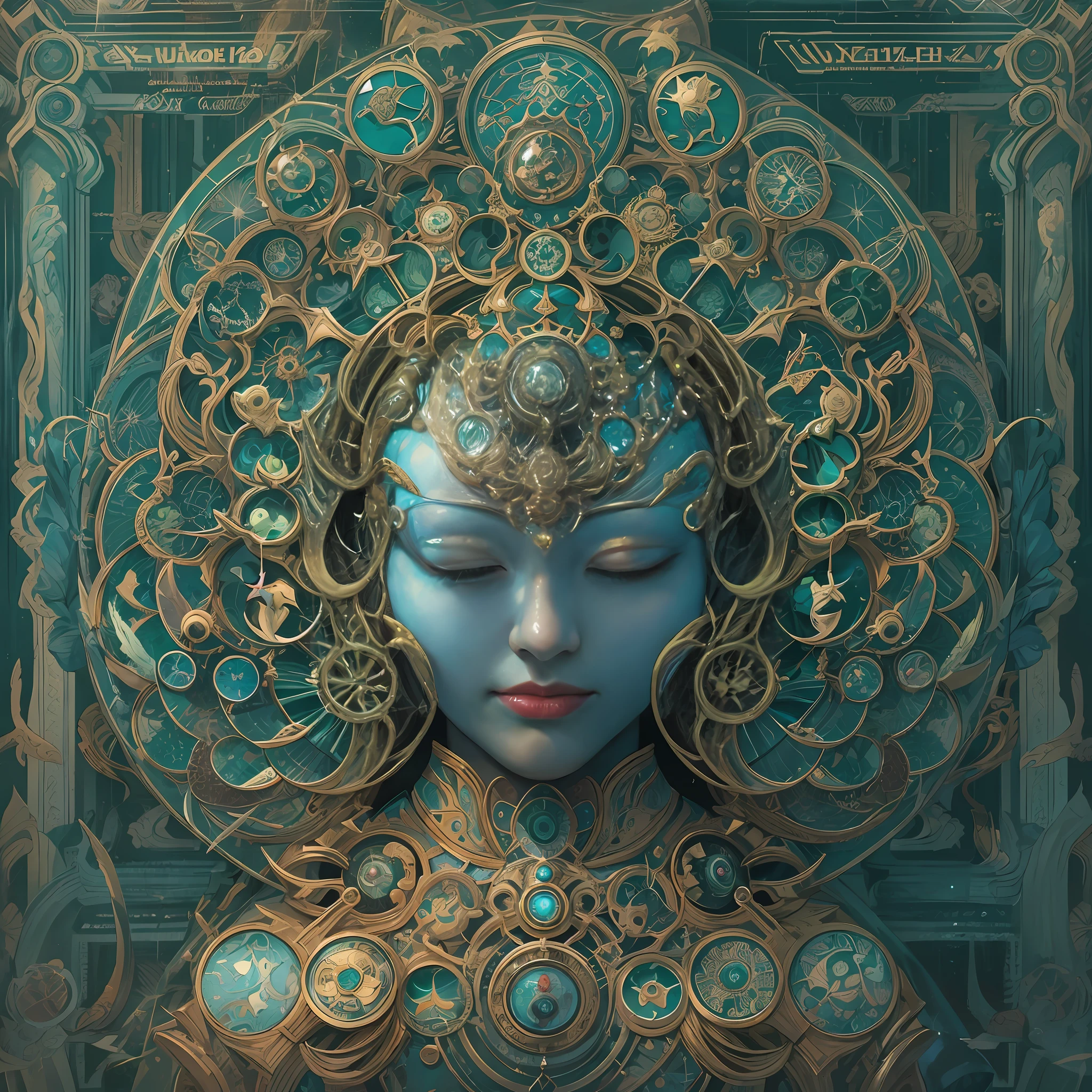 Imagine tranquil scenes inspired by Buddhist philosophy，A vibrant lotus flower stands against a background of rich turquoise tones。The lotus flower symbolizes purity and enlightenment，Intricate petals bloom，Exudes a sense of tranquility。When you gaze deeper into the image，You will notice an arrangement similar to a mandala，The zodiac signs are placed gracefully like the hands of a clock。The fusion of Buddhist symbolism and astrological elements creates a harmonious fusion，Invites contemplation and a sense of eternal connection。(The sculpture is surrealist and realistic: 1.5), (Shaman's DMT halo，Wear a transparent helmet，Brain prominence: 1.4), (Metal wings: 1.2), (Fox futuristic mask: 1.2), (Internet pop kawaii fractal art: 1.6), (The art style of Tobias Grammler，Smooth and dynamic form: 1.6), (Organic geometric mixture: 1.6),Ultra-high resolution: 1.4),(particle fx: 1.4), (Depth of field: 1.4), (geometric-dotist abstraction: 1.6), (generative fluid fractal algorithm: 1.6).