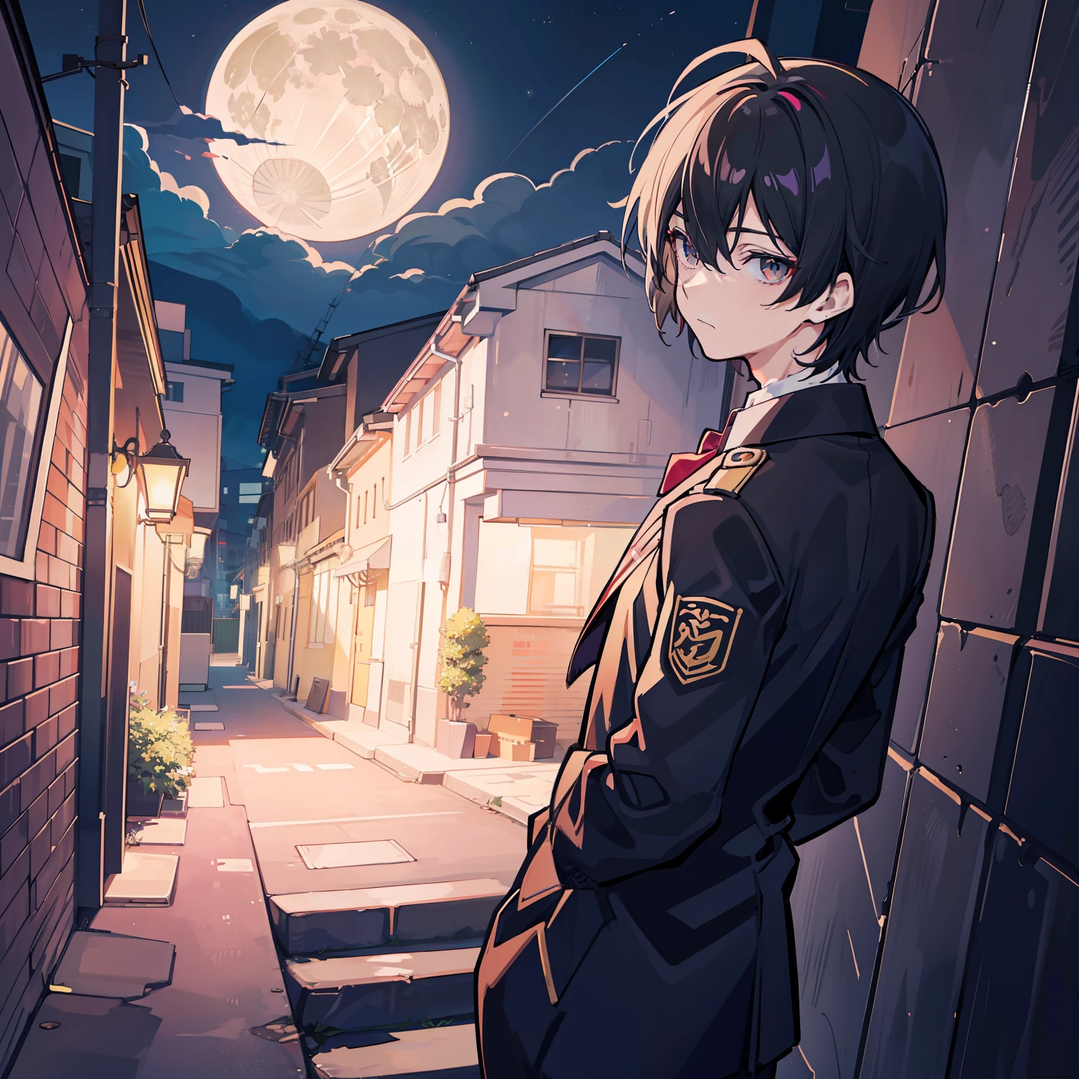 masutepiece, Fine detail, 4K, 8K, 12K, Solo, low angles, One Person, Handsome boy, white male, Black hair, Mashed Hair, School uniform, Back alley, Black cat, Night, fullmoon, silhuette, light Particle,