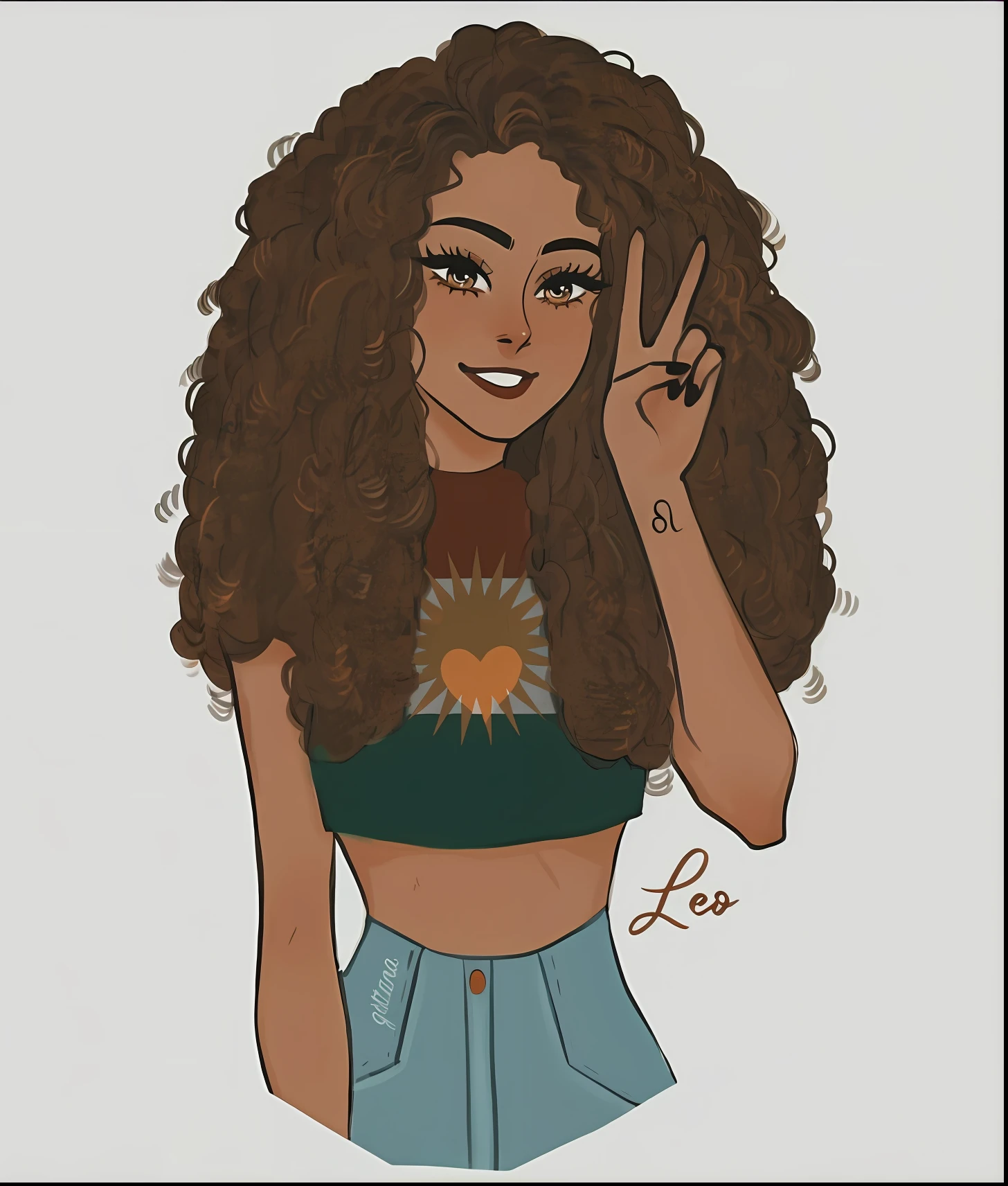 um desenho de uma mulher com cabelos cacheados e um sinal de paz, solo portrait 🎨🖌️, estilo de arte bonito, inspirado em Pia Fries, cabelos cacheados, fanart menina urbana, curly hair, com afro, cabelos castanhos cacheados, encaracolado, estilo de desenho, illustration style, ✏️🎨, inspirado em Izzy Medrano, trending on artstration, arte fofa