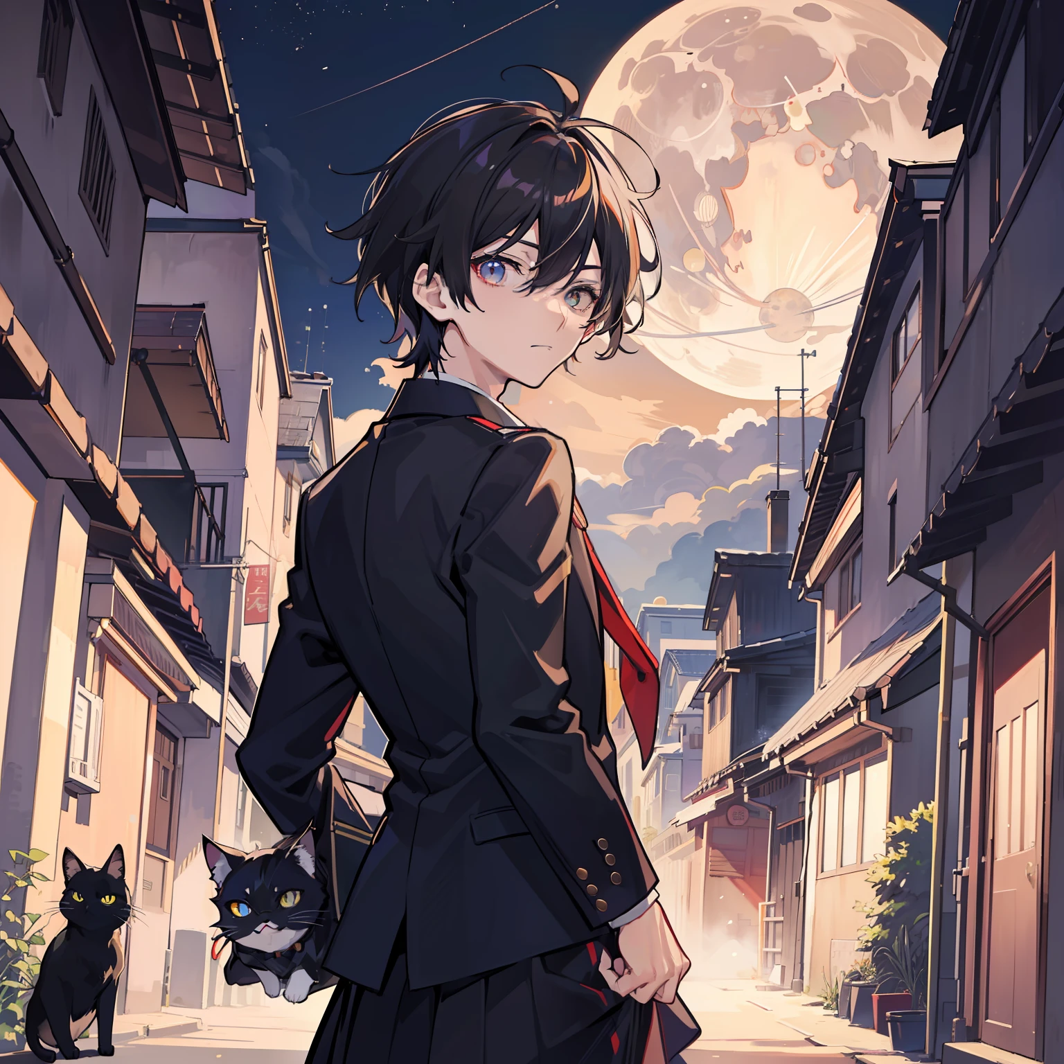 masutepiece, Fine detail, 4K, 8K, 12K, Solo, low angles, One Person, Handsome boy, white male, Black hair, Mashed Hair, School uniform, Back alley, Black cat, Night, fullmoon, silhuette, light Particle,