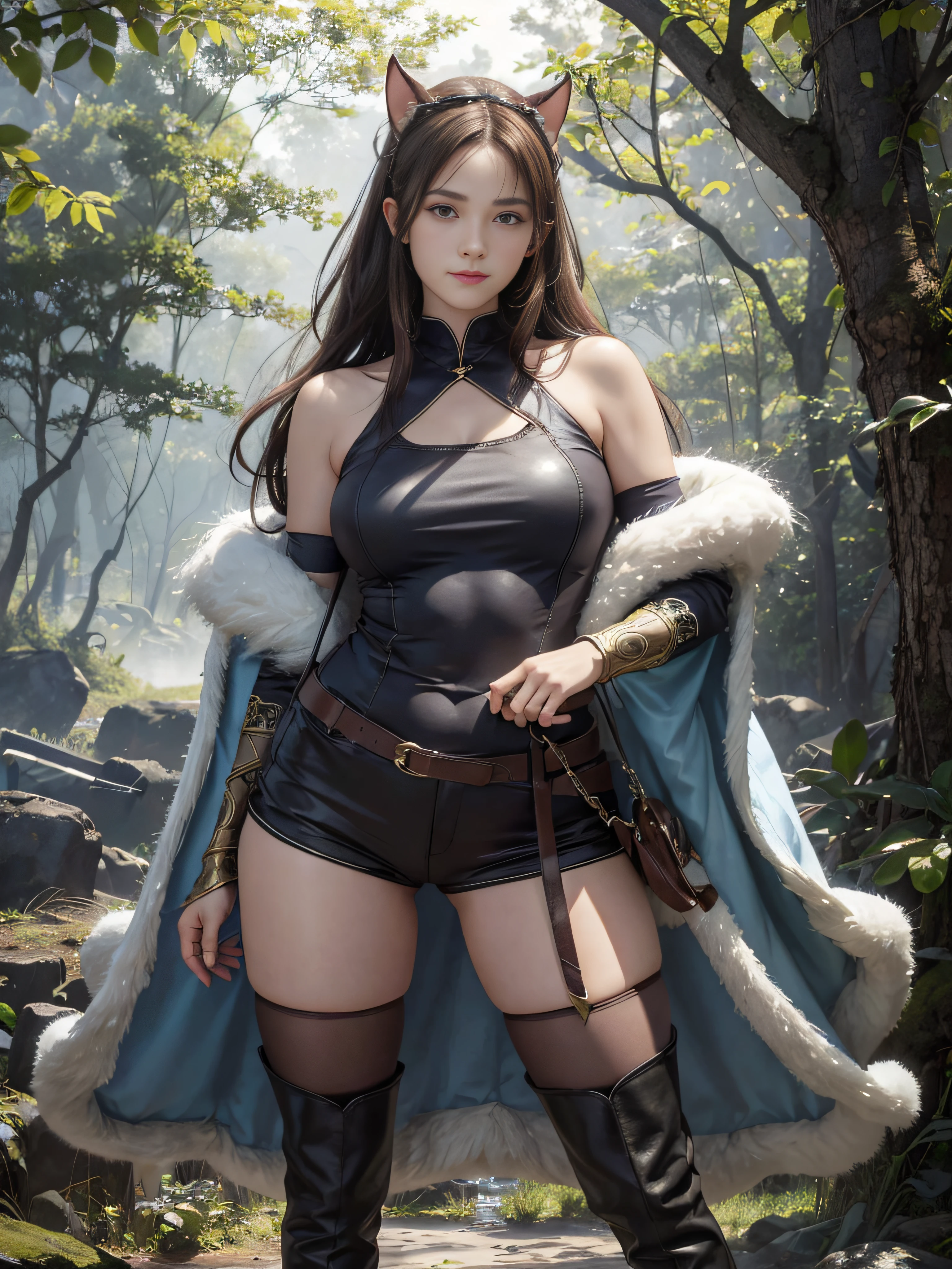 (Hyper-realistic) , (illustratio), (Increase the resolution), (8K), (extremely detaile), (Most Best Illustration), (美丽细致的眼睛), (best qualtiy), (ultra - detailed), (tmasterpiece), ( wallpaper), (详细的脸), (There is only one person in the scene:1.5), super tall,The temperament of a queen,tmasterpiece,best qualityer,Hyper-detailing,Full body illustration,Fine and detailed eyes and detailed face) garments:There are animal ears,Full-fledged orcs,cruel grin,There are clothes on the upper body,Wrap the whole body,The lower body is wearing animal skin shorts,Wear knee-length boots,The cuffs of the boots reveal stockings,Cloth boots,The cuffs of the boots are a layer of fluff,Exposing the appearance of the boots:Tall,Plump body,Wide buttock,Strong,There are muscles,The stands up,Go ahead,(big assa:1.7),(thick thight:1.6),Outdoor forest
