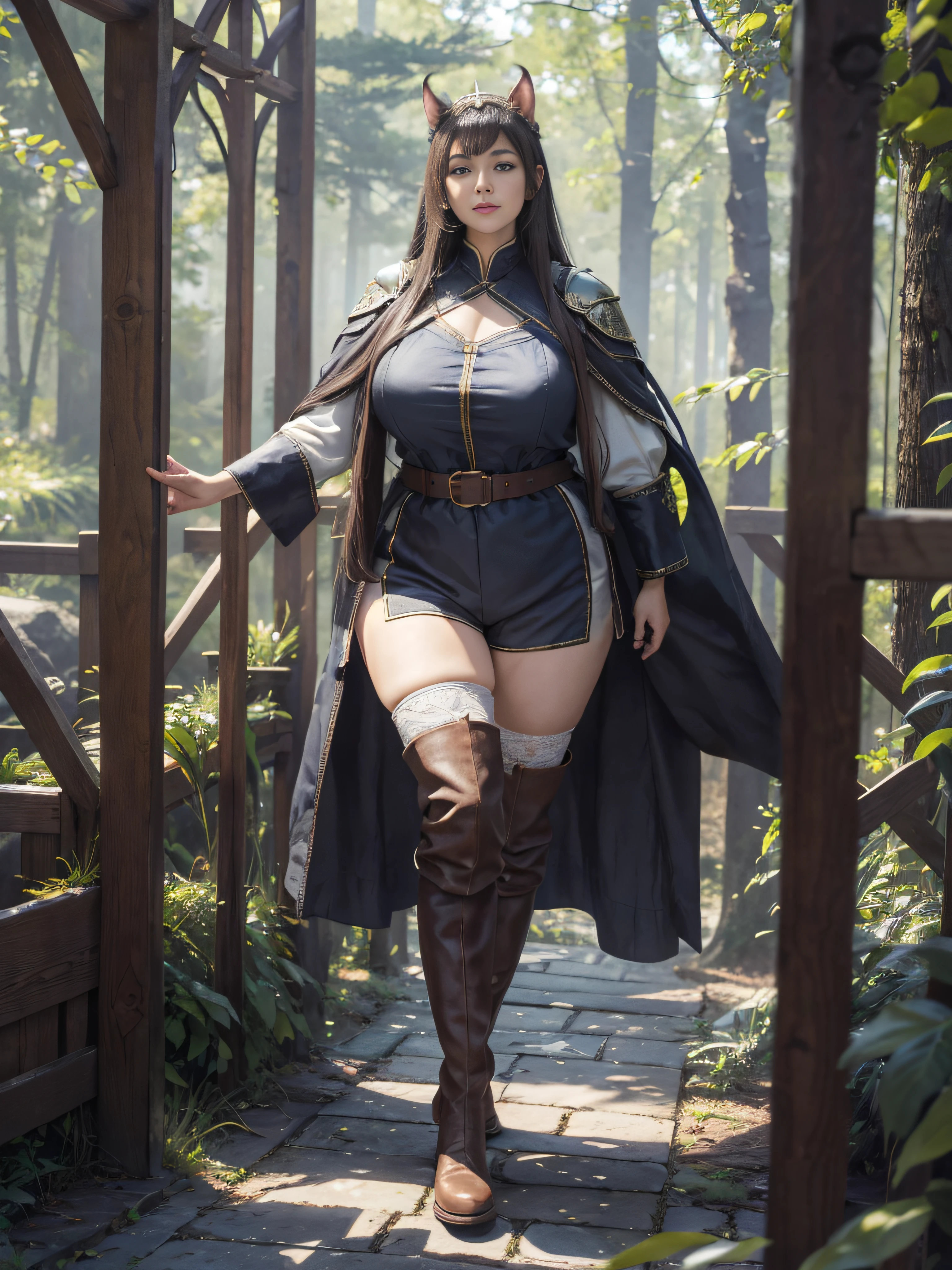(Hyper-realistic) , (illustratio), (Increase the resolution), (8K), (extremely detaile), (Most Best Illustration), (美丽细致的眼睛), (best qualtiy), (ultra - detailed), (tmasterpiece), ( wallpaper), (详细的脸), (There is only one person in the scene:1.5), super tall,The temperament of a queen,tmasterpiece,best qualityer,Hyper-detailing,Full body illustration,Fine and detailed eyes and detailed face) garments:There are animal ears,Full-fledged orcs,cruel grin,There are clothes on the upper body,Wrap the whole body,The lower body is wearing animal skin shorts,Wear knee-length boots,The cuffs of the boots reveal stockings,Cloth boots,The cuffs of the boots are a layer of fluff,Exposing the appearance of the boots:Tall,Plump body,Wide buttock,Strong,There are muscles,The stands up,Go ahead,(big assa:1.7),(thick thight:1.6),Outdoor forest