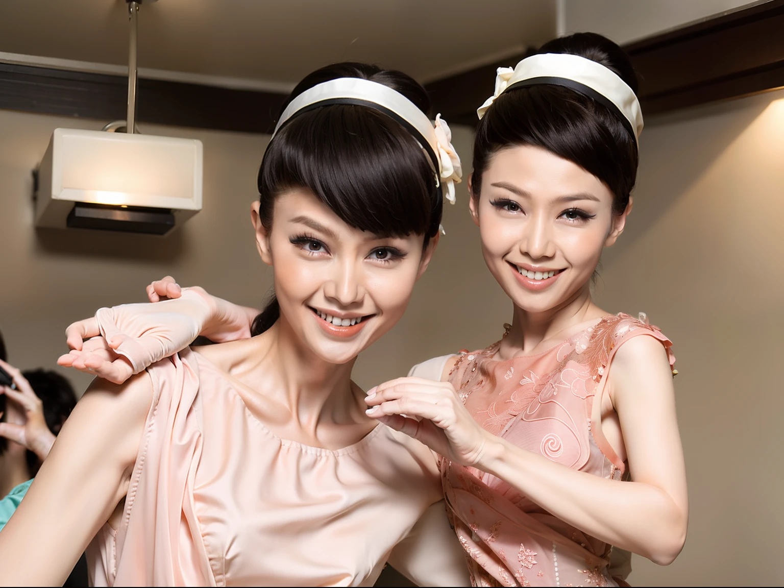 Fashion model 18 years old [[[[closeup cleavage]]]], [[[[boobgasm]]]], [[[[coll]]]], [[[[bshoulders]]]], [[[[on cheongsam]]]]，perfect  eyes, Perfect iris，Perfect lips，perfect teeth，Perfect skin，Long face，slender nose，Soft front light，hdr，Movie girl，on cheongsam，long whitr hair，Long hair with a shawl，Long hair like a waterfall，The background is indoors，（pastel colour：1.2）