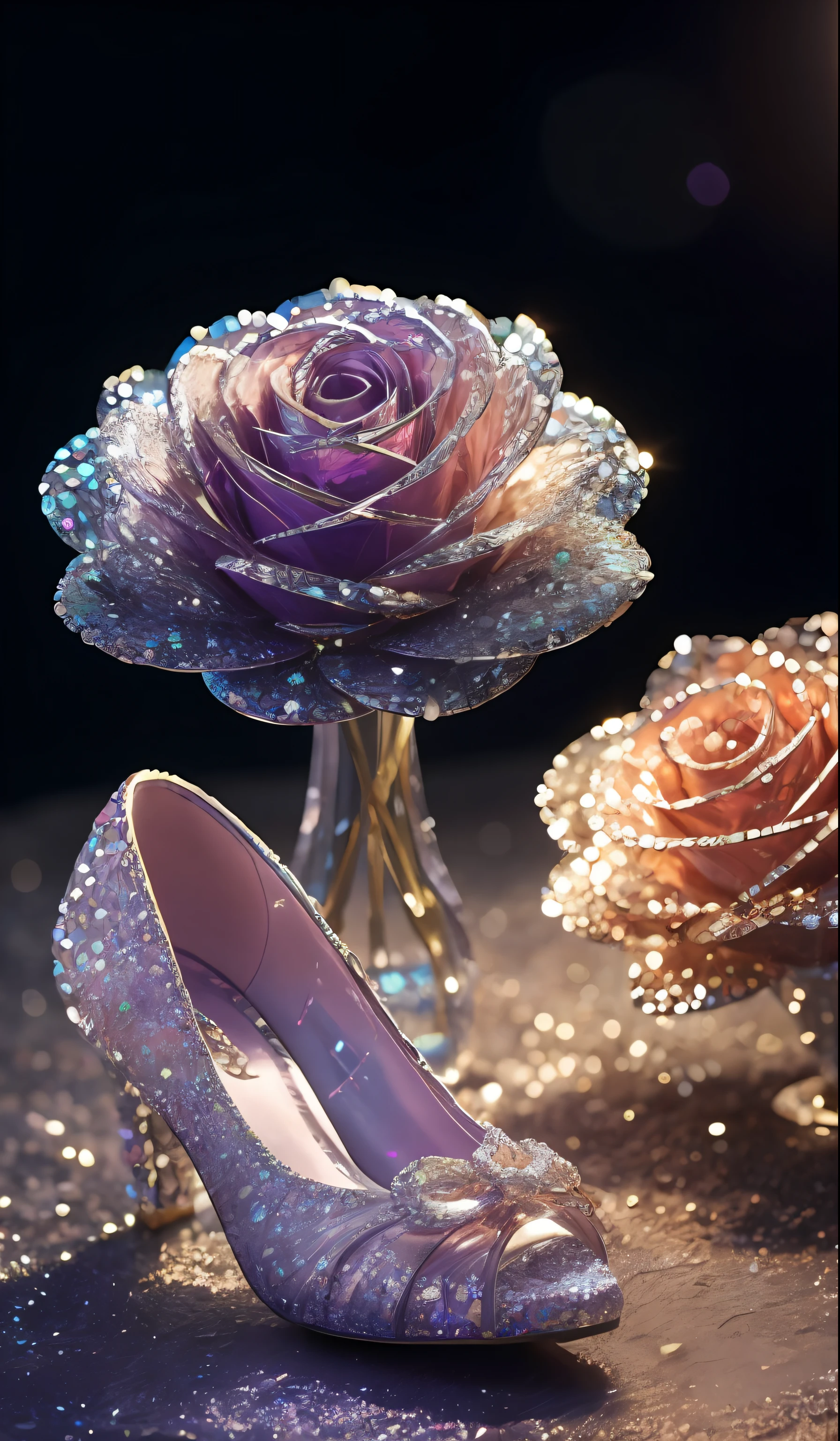 Crystal shoes and crystal roses， fanciful, galaxias, cleanness, glittery, glittery, Splendor, Colorful, Amazing photography, dramatic  lighting, photo-realism, ultra - detailed, 4K, depth of fields, A high resolution