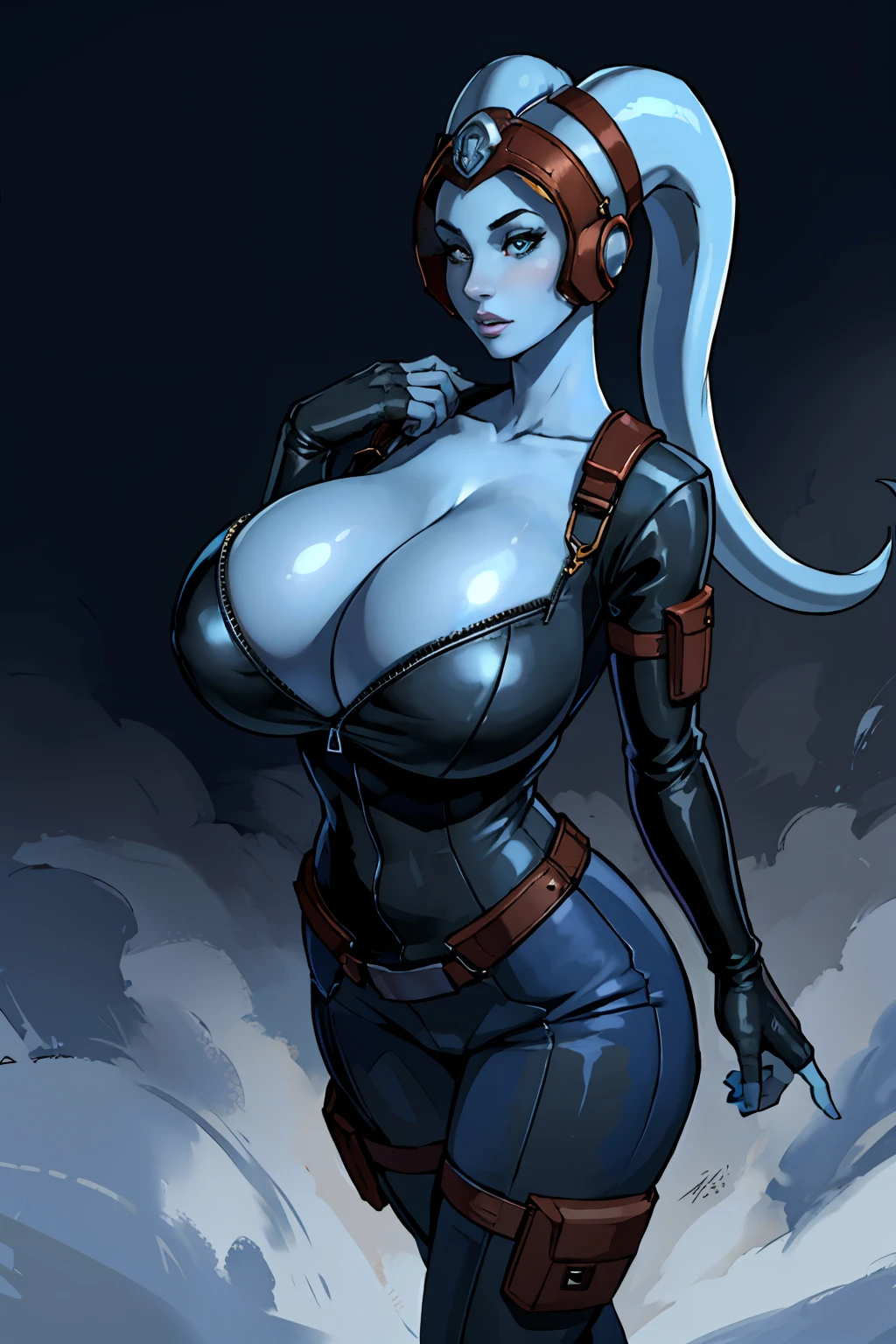 (masterpiece:1.2, best quality:1.2, beautiful, high quality, highres:1.1, aesthetic), detailed, extremely detailed, ambient soft lighting, 4K, perfect eyes, gorgeous face, sultry expression, perfect lighting, 1girl, (((blue skin)), twi'lek), (wearing black leather jumpsuit, unzipped, utility belt, holster, fingerless gloves, rolled sleeves, long boots, ((busty), slender body, thin, slim sexy body, slim waist, (((gigantic breasts), big cleavage, bursting breasts))), Imperial starship, Star Wars,