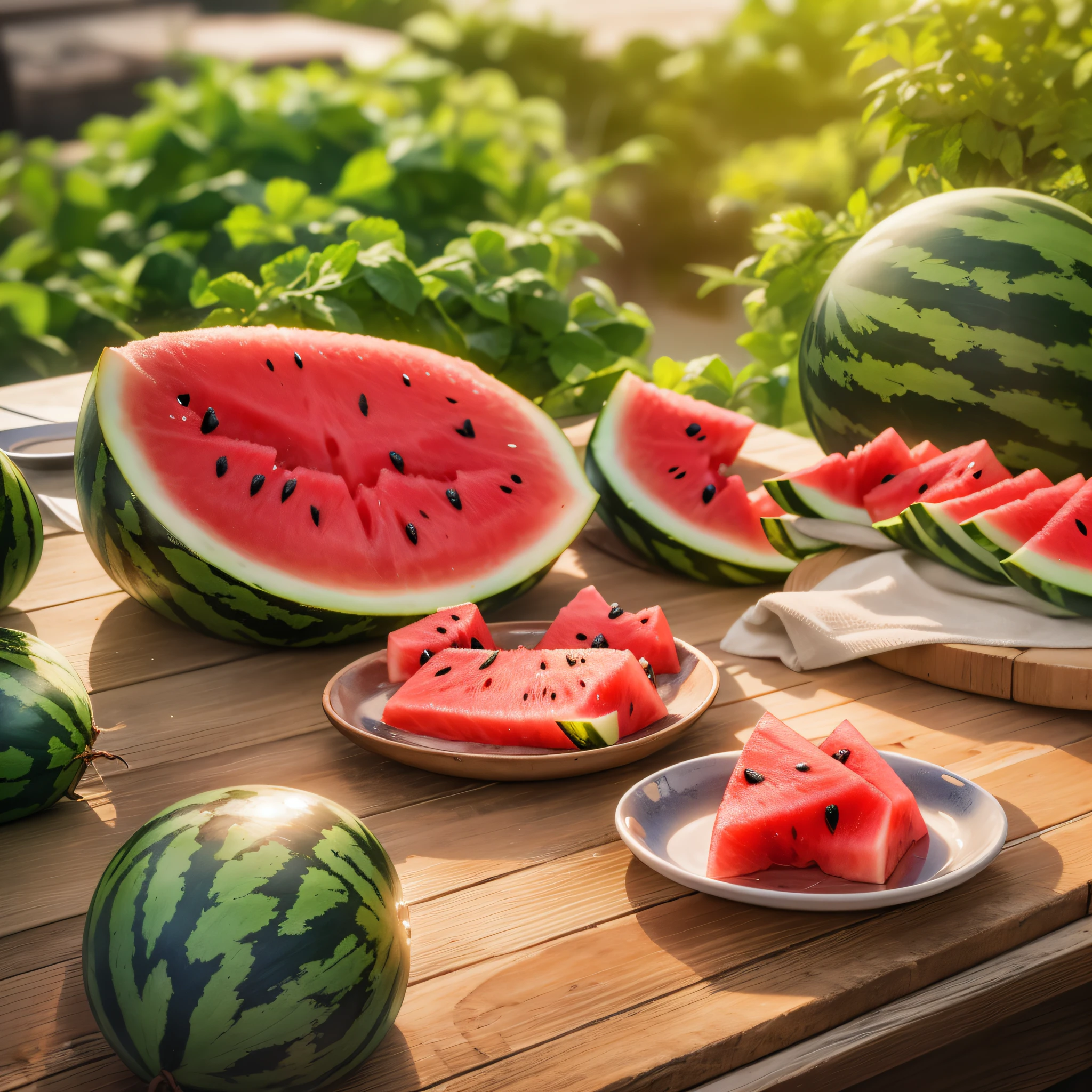 A square wooden table，On the table are slices of cut watermelon，and the sun was shining brightly，Large close-up of watermelon