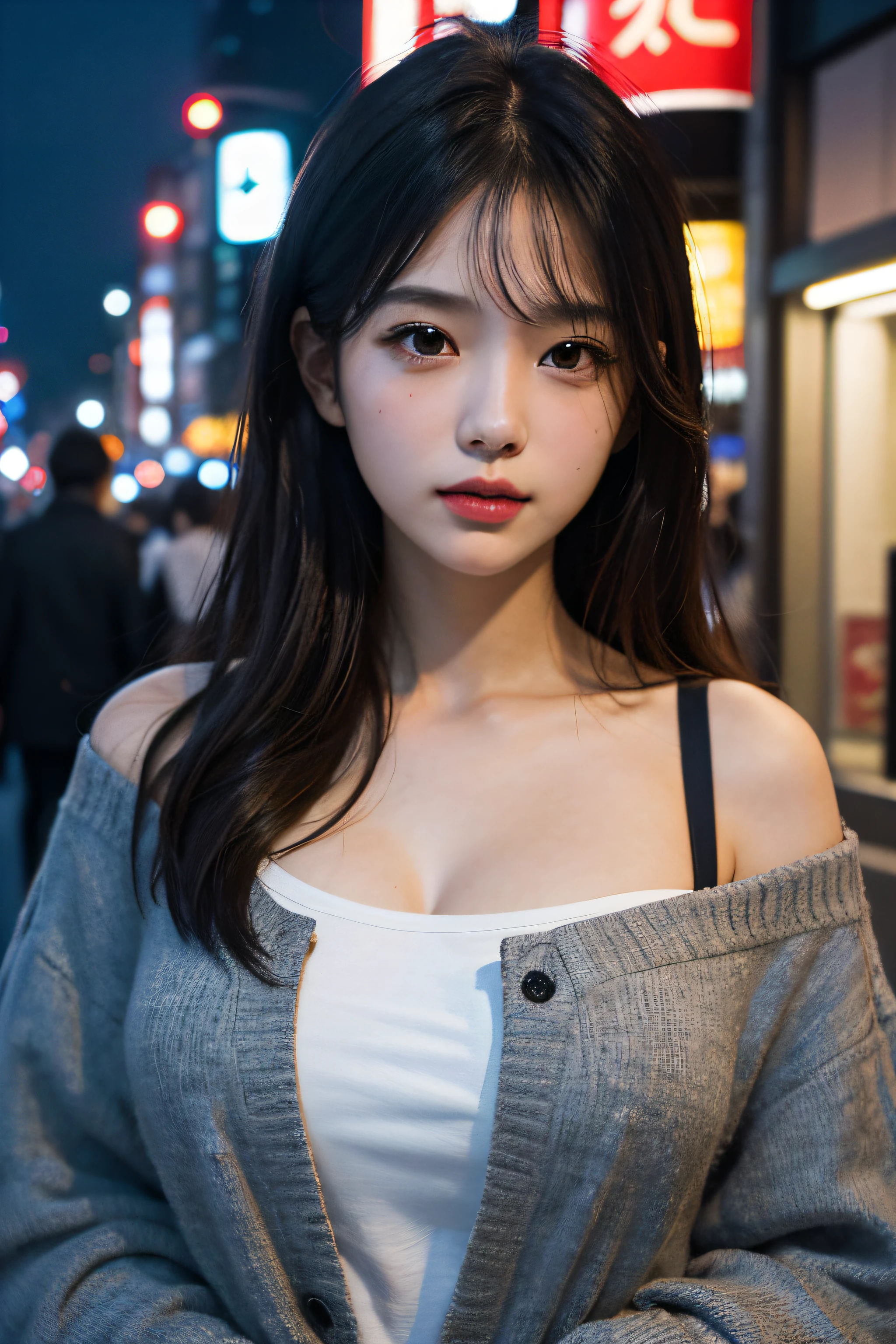 1girl, Tokyo street,night, cityscape,city lights, upper body,close-up, 8k, RAW photo, best quality, masterpiece,realistic, photo-realistic,