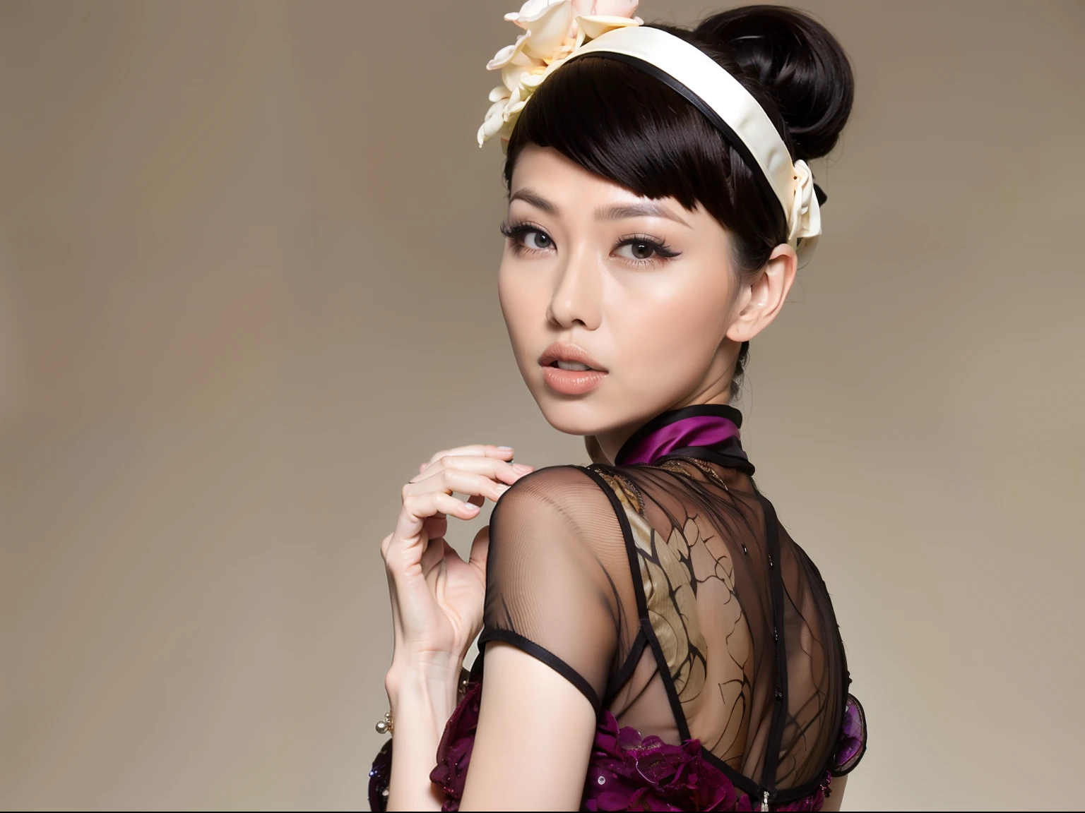 Fashion model 18 years old [[[[closeup cleavage]]]], [[[[boobgasm]]]], [[[[coll]]]], [[[[bshoulders]]]], [[[[on cheongsam]]]]，perfect  eyes, Perfect iris，Perfect lips，perfect teeth，Perfect skin，Long face，slender nose，Soft front light，hdr，Movie girl，on cheongsam，long whitr hair，Long hair with a shawl，Long hair like a waterfall，The background is indoors，（pastel colour：1.2）