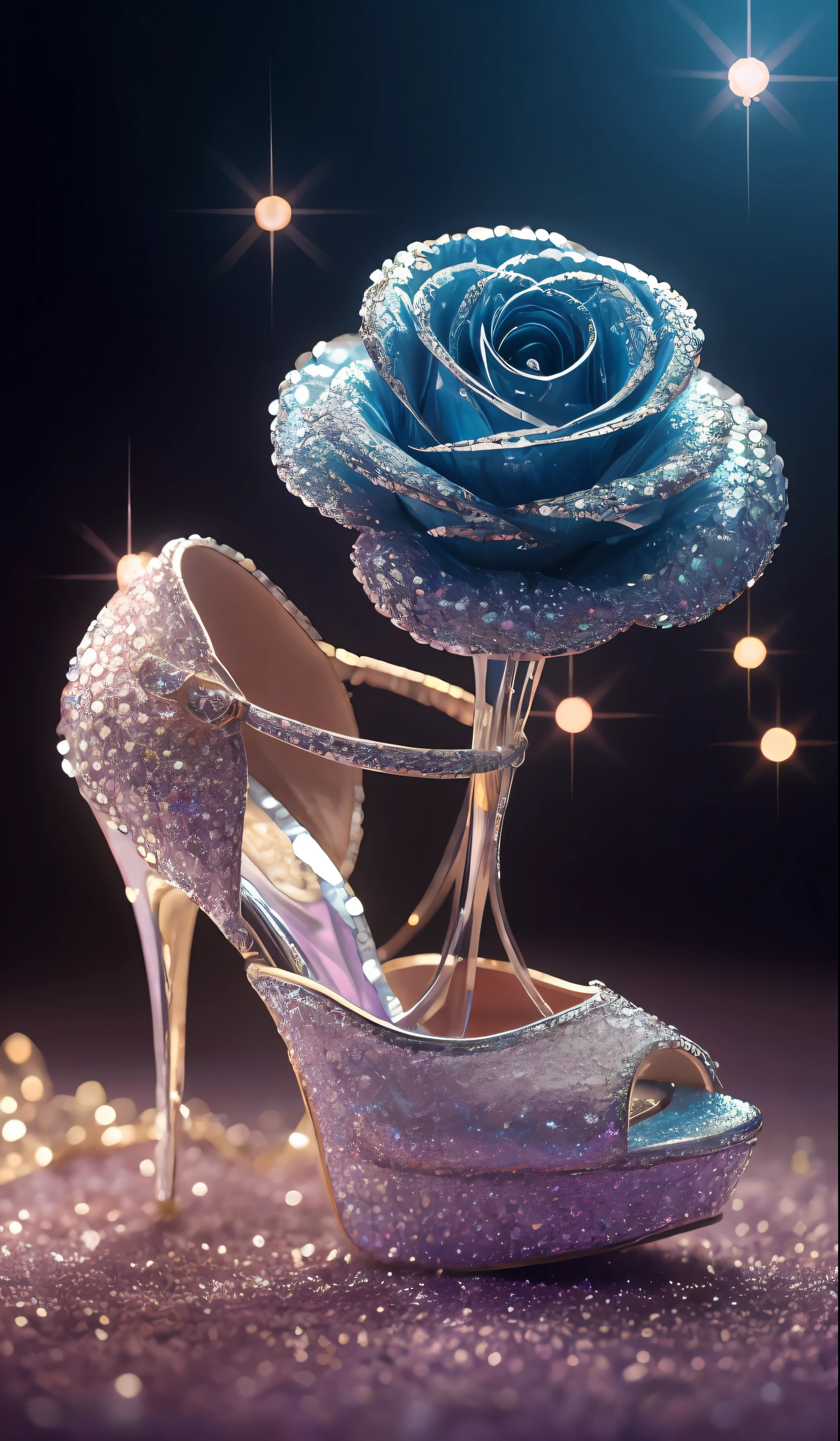 Crystal shoes and crystal roses， fanciful, galaxias, cleanness, glittery, glittery, Splendor, Colorful, Amazing photography, dramatic  lighting, photo-realism, ultra - detailed, 4K, depth of fields, A high resolution