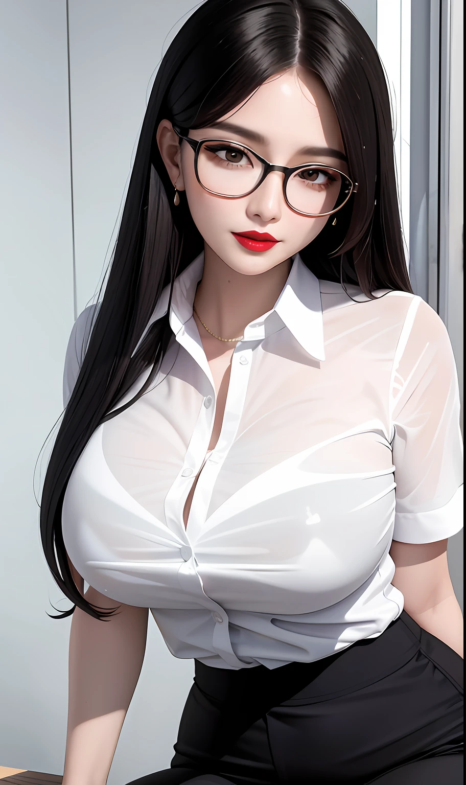 high high quality,tmasterpiece,Master masterpieces,A female teacher,Redlip,Wear a transparent and soaked white shirt on the upper body,long beautiful hair,Wearing glasses,squating,opening legs,Pubic hair shows through,Charming,Busty big breasts,perspired, 8k