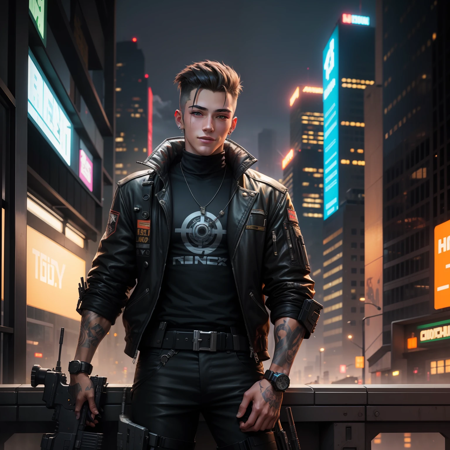 20 year old cyberpunk handsome boy with AWM gun in a cityscape, accurate details,bright eyes,high buildings in background,accurate eyes , beautiful smile