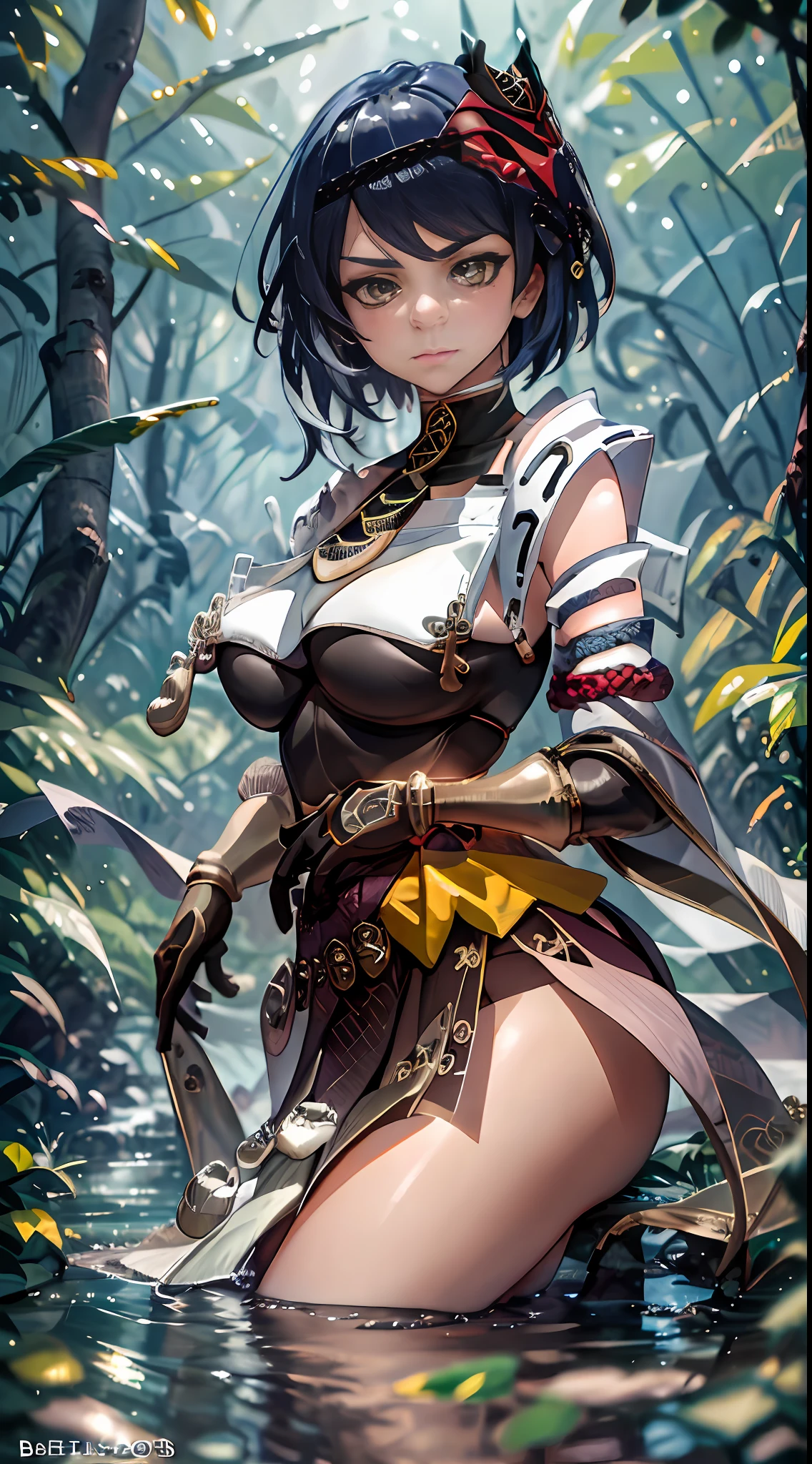 Kujou Sara Genshin Impact, Iwhole body, (NSTDA.:1.2), (10, beste-Qualit, master-piece: 1.4), ultra-high resolution, (realistic, photorealistic: 1.48), Cute Girl 25 years old , ( Beetle Micro see-through bikini:1.11), famous Japanese actress, big breasts, blue eyes, head tilted, cowboy shot, from the side, looking at viewer, emotionless, beautiful river in the forest, Zeiss 150mm F/ 2.8 Hasselblad, whole body, feet, ultra wide angle