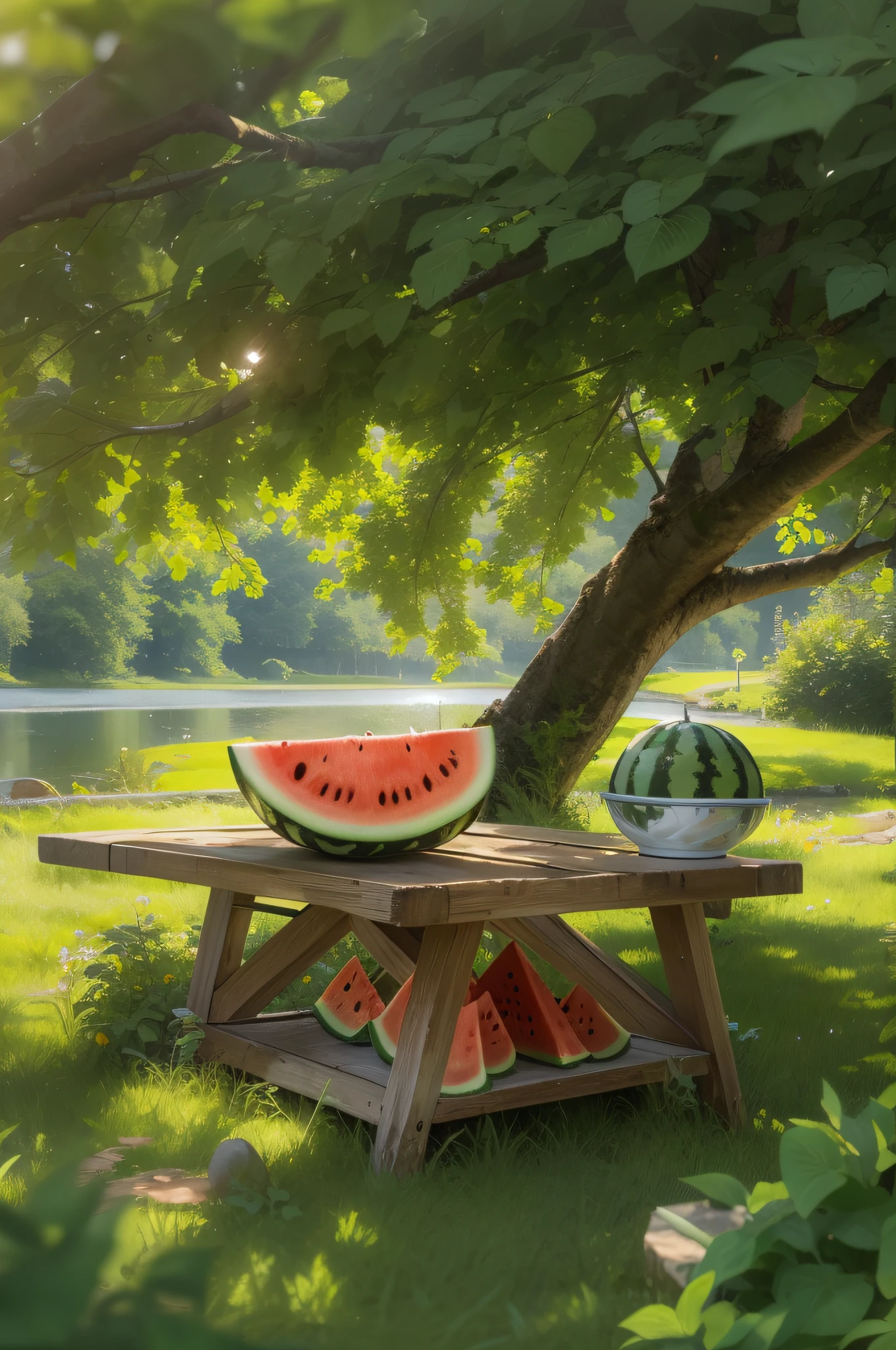Outdoor on the grass,There is a square wooden table under a large tree by the river,There were a few watermelons on the table,and the sun was shining brightly,Close-up