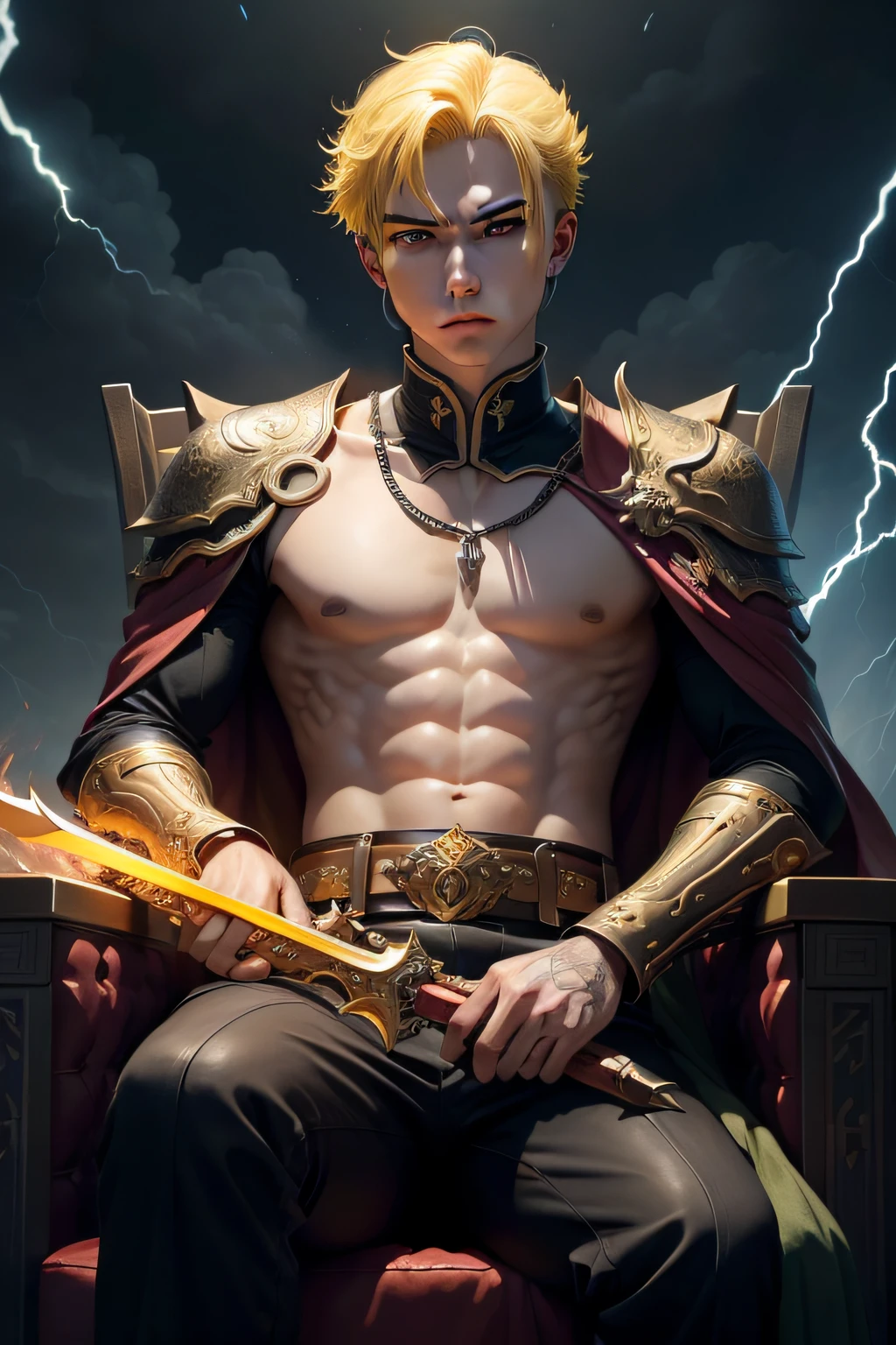 A young man,The main character on the cover of the novel,Domineering,Demon Emperor,Journey,Yellow hair,largeeyes,Thunder and lightning entangled in hands,holding a weapon,seated on a throne