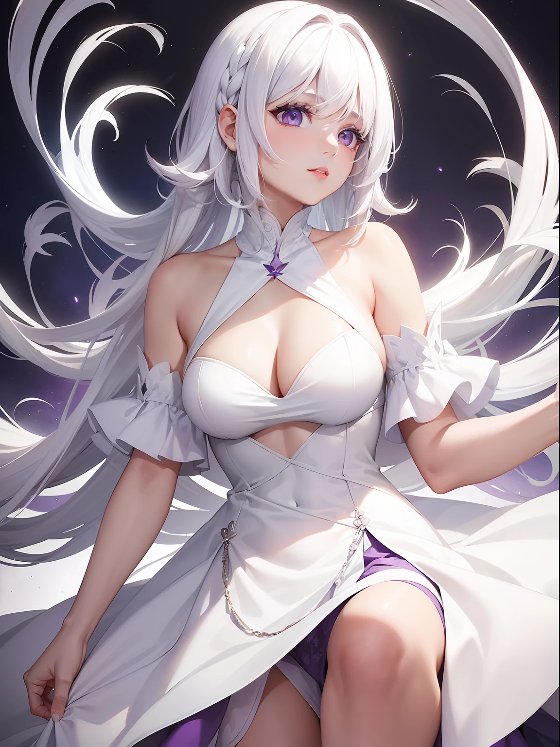 a women, white hair, purple eyes, white dress