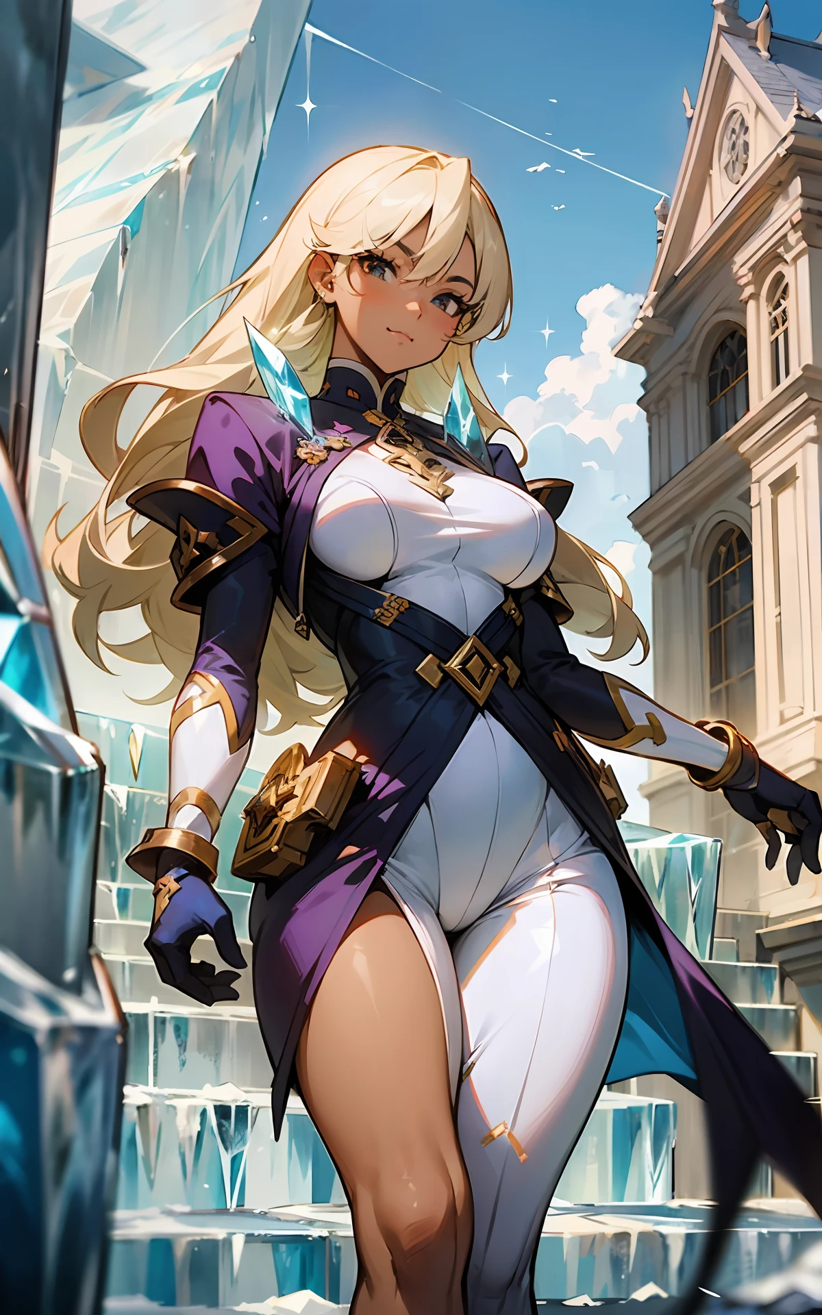 brown skin, (icy:1.4), depth of field, floral, ::< punishing gray raven characters, art by stanley artgerm lau, art by kenneth rocafort, art by genzoman smooth, parted clouds and an infinite golden staircase, over exposure, ashley alexiss girl