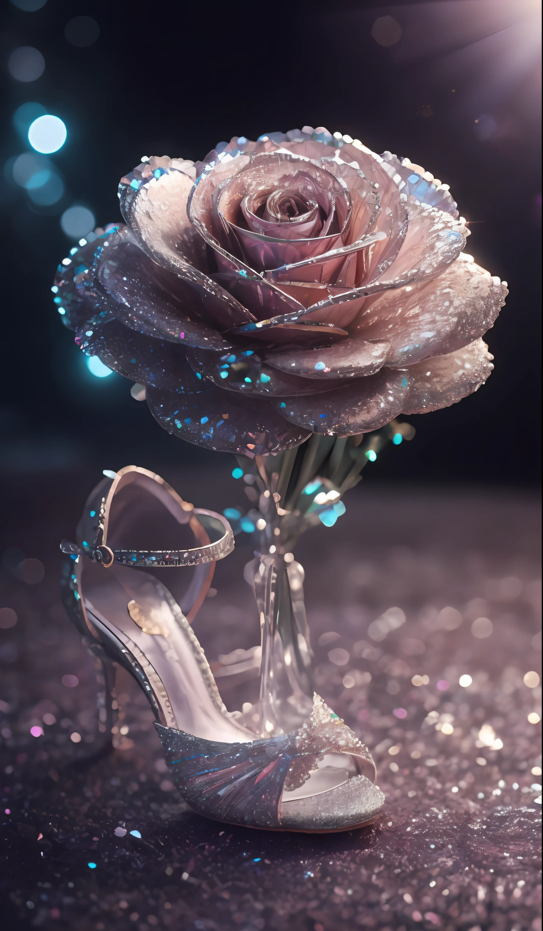 Crystal shoes and crystal roses， fanciful, galaxias, cleanness, glittery, glittery, Splendor, Colorful, Amazing photography, dramatic  lighting, photo-realism, ultra - detailed, 4K, depth of fields, A high resolution