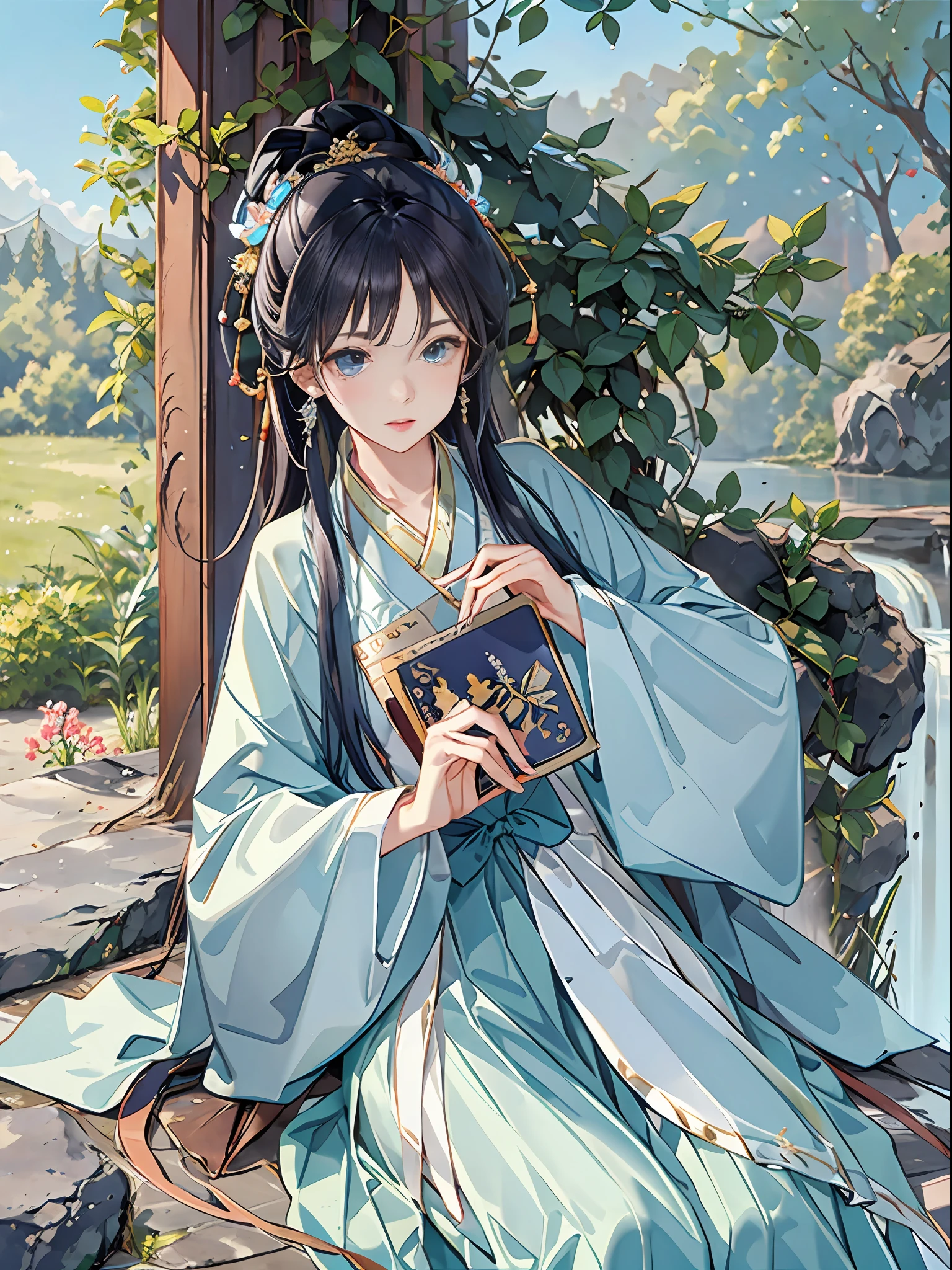 Best quality at best,Complicated details,A high resolution,beautiful detailed water(1.4),Hanfu,Hold the book,Idle。