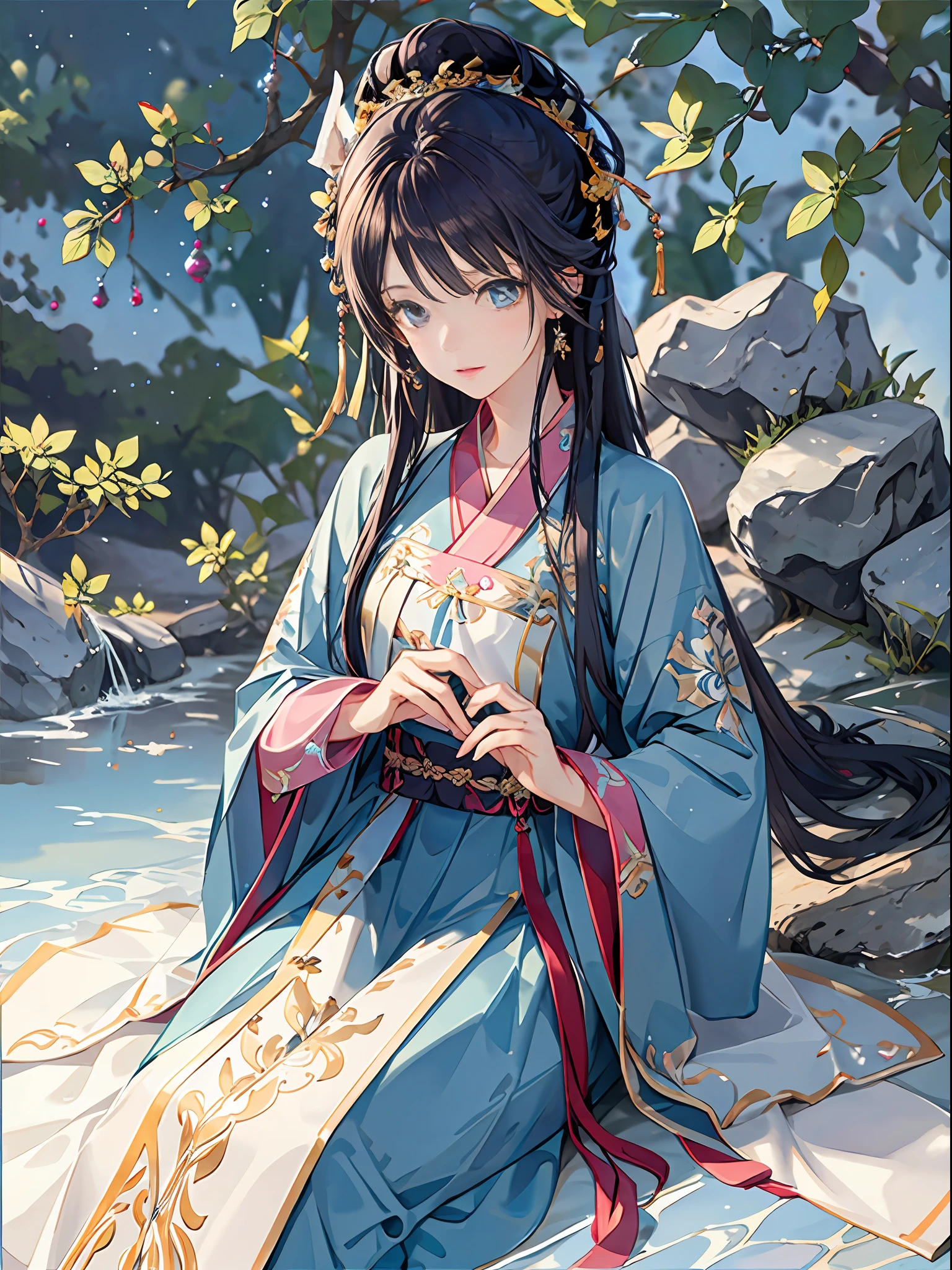 Best quality at best,Complicated details,A high resolution,beautiful detailed water(1.4),Hanfu,Hold the book,Idle。