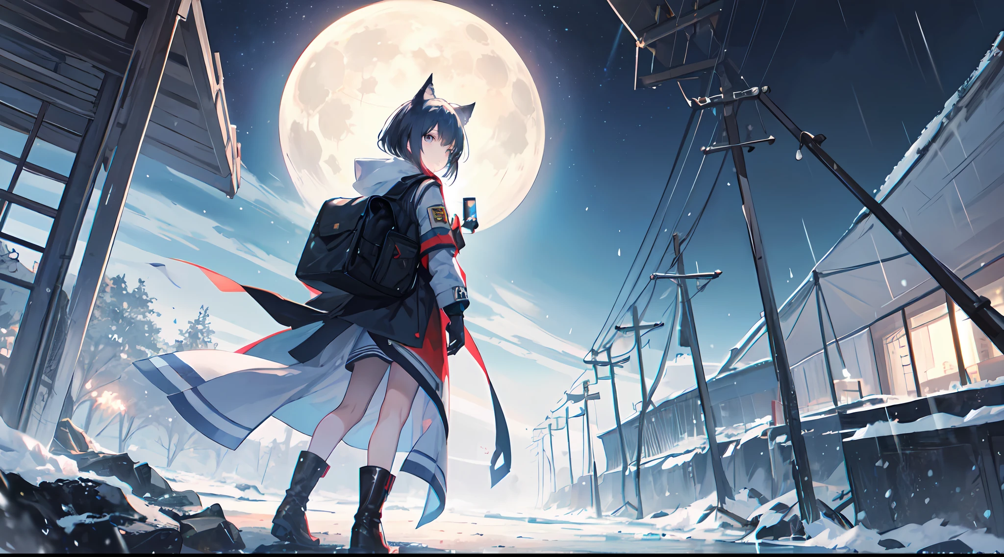((high qulity)), ((tmasterpiece)), 8K, Girls, bulletproof vest, llight rays, Extremely detailed CG unifies 8K, 8K, Diamond, and wallpaper, GameCG, looking at viewert, mitts, Boots, full bodyesbian, Wrist watch, Computer,Masks,UAVs,handheldweapons,Earphone,jaket,Bao,backpacks,Ark of tomorrow style,White trench coat,Black scarf,with short white hair,Issuing,The sword,yellow armband,Yellow band,Black strap,blue stripe,red color eyes,The sword,Firearms,Straighten your hair with both hands,Detailed hands,detailed back ground,detailed face with,A masterpiece of the Rhode Island Bridge,(best qualtiy:1.2),(super-fine:1.2),illustratio,(Extremely refined and beautiful:1.2),Movie Angle,floatking,(beatiful detailed eyes:1.1),(Detail light:1.1),电影灯光,Exquisite sky,woman,whaite hair,eBlue eyes,(high ponytails:1.1),cloaks,glowing light eyes,(themoon:1.2),(rays of moonlight:1.1),starrysky,(Light particles:1.1),Mist,Snow painting,full bloom,废墟,little bit of raining,Umbrella,Earphone,cat ear,rained,rain drops