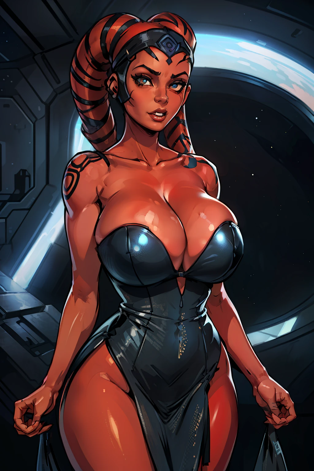 (masterpiece:1.2, best quality:1.2, beautiful, high quality, highres:1.1, aesthetic), detailed, extremely detailed, ambient soft lighting, 4K, perfect eyes, angular face, perfect lighting, 1girl, sexy black dress, busty, ((red skin), twi'lek), evil space knight, space ninja, (black elegant gown, evening dress, strapless, sleeveless, huge cleavage, cleavage, long skirts, fantasy, ((busty), slender body, thin, slim sexy body, slim waist, ((((huge breasts, bursting breasts, round cleavage, tight dress))))), Imperial starship, Star Wars,