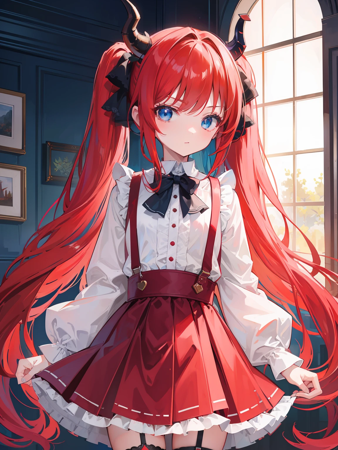 {{best quality}}, {{masterpiece}}, {{ultra-detailed}}, {illustration}, {detailed light}, red hair,blue eyes,twintails,lolita,Suspenders skirt,Fantastic,loli,solo,Dragon horns,little girl,long hair