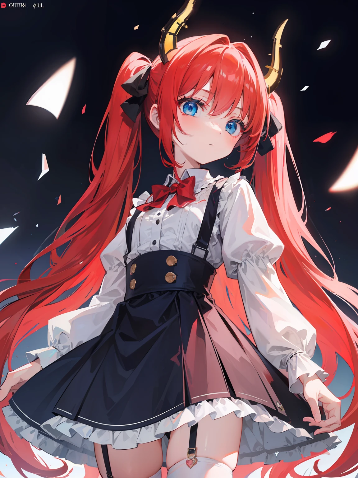 {{best quality}}, {{masterpiece}}, {{ultra-detailed}}, {illustration}, {detailed light}, red hair,blue eyes,twintails,lolita,Suspenders skirt,Fantastic,loli,solo,Dragon horns,little girl,long hair