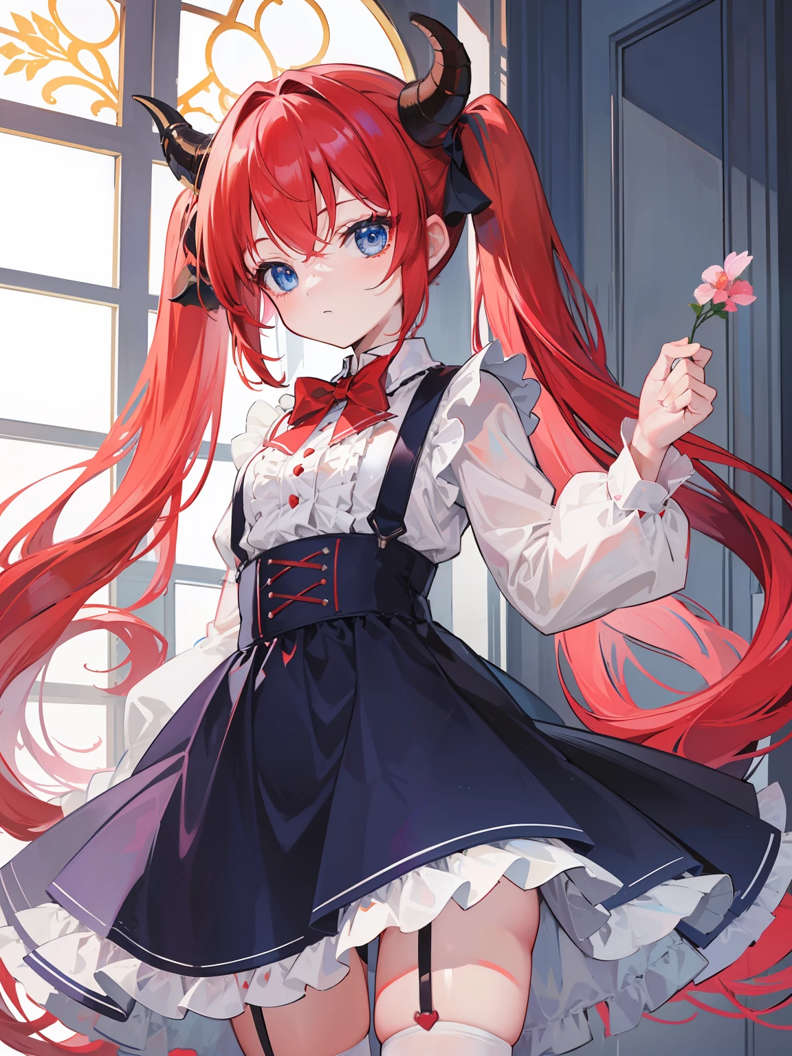 {{best quality}}, {{masterpiece}}, {{ultra-detailed}}, {illustration}, {detailed light}, red hair,blue eyes,twintails,ta,Suspenders skirt,Fantastic,lolio,Dragon horns,little gir