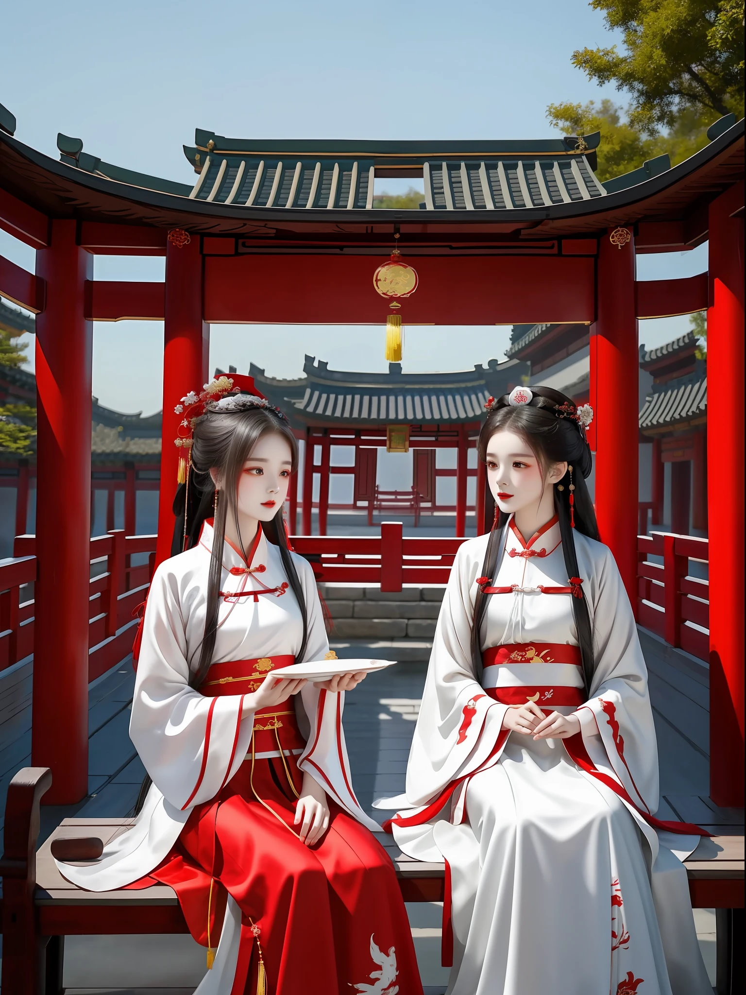 Two women in red and white dresses lay on benches, Palace , A girl in Hanfu, Wearing ancient Chinese clothes, Hanfu, Chinese style, with acient chinese clothes, flowing hair and long robes, Chinese costume, White Hanfu, Chinese traditional, Chinese dress, a beautiful fantasy empress, Traditional Chinese clothing, white and red dresses, Chinese fantasy