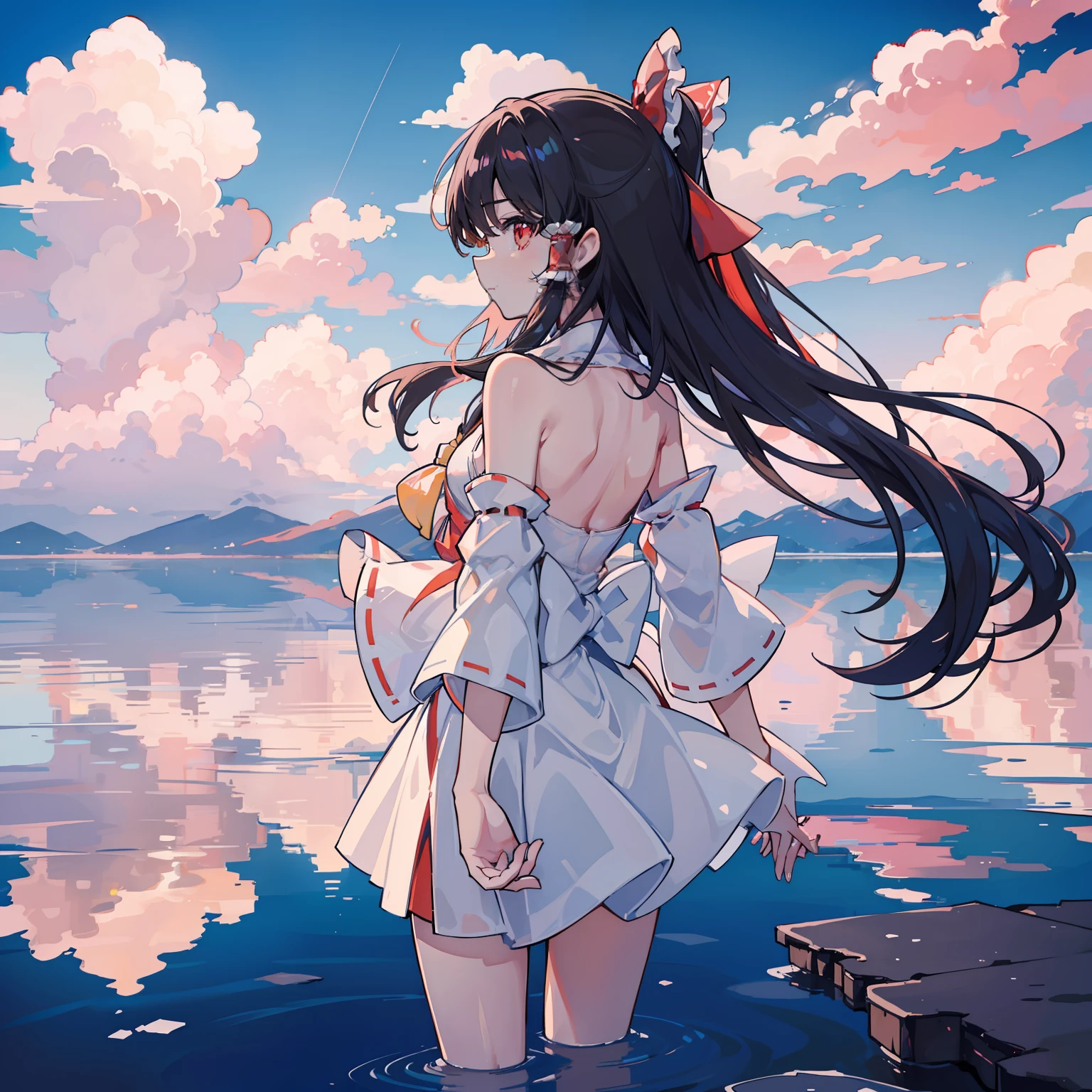 hakurei reimu, 1girl hair bow ascot hair tubes miko detached sleeves masterpiece, fine detail, 4k, 8k, 12k, solo, one person, beautiful girl, white woman, Reimu Hakurei, Reimu Hakurei, Uyuni salt lake, middle person, girl who looks small, back view, black hair, long hair, white dress , Uyuni salt lake, clear sky, thunderhead, thunderhead reflected on the water surface, 🌈, Uyuni salt lake
